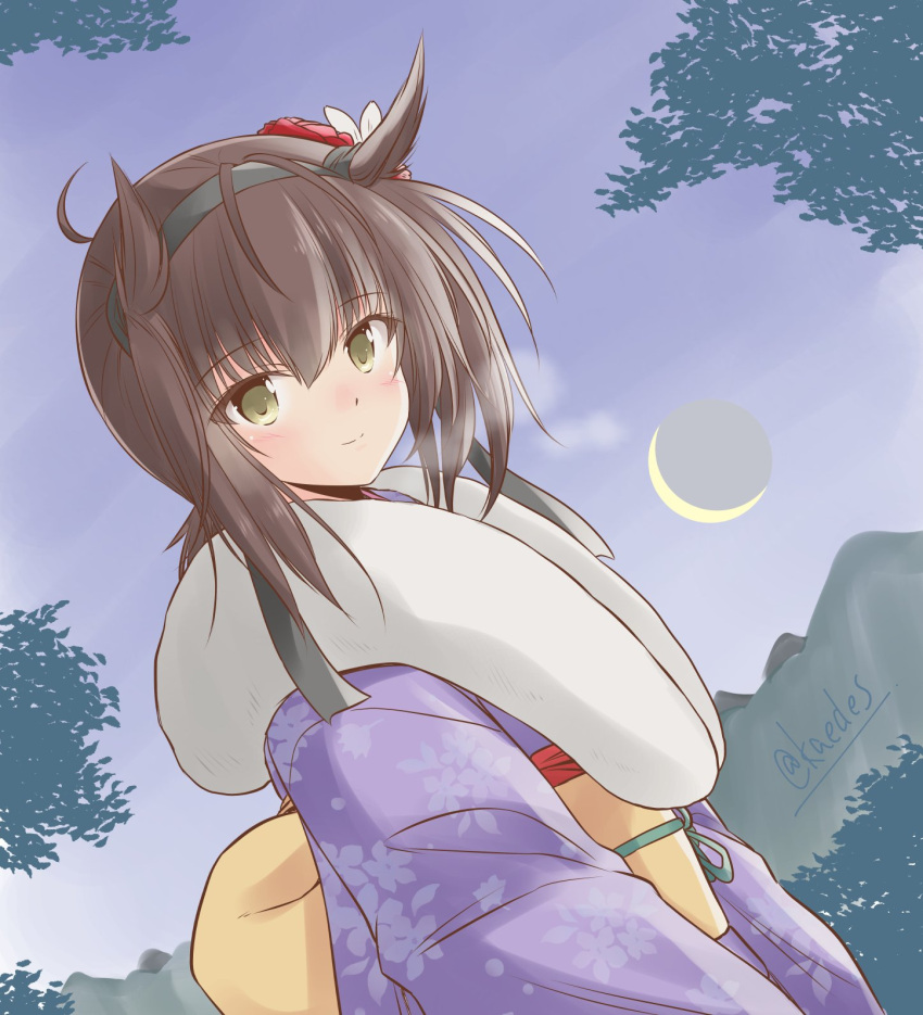 1girl alternate_costume black_hairband blue_kimono brown_hair commentary_request crescent_moon dutch_angle floral_print fur-trimmed_kimono fur_trim furisode hair_flaps hairband hatsuzuki_(kancolle) highres icesherbet japanese_clothes kantai_collection kimono moon night one-hour_drawing_challenge short_hair solo upper_body yellow_eyes