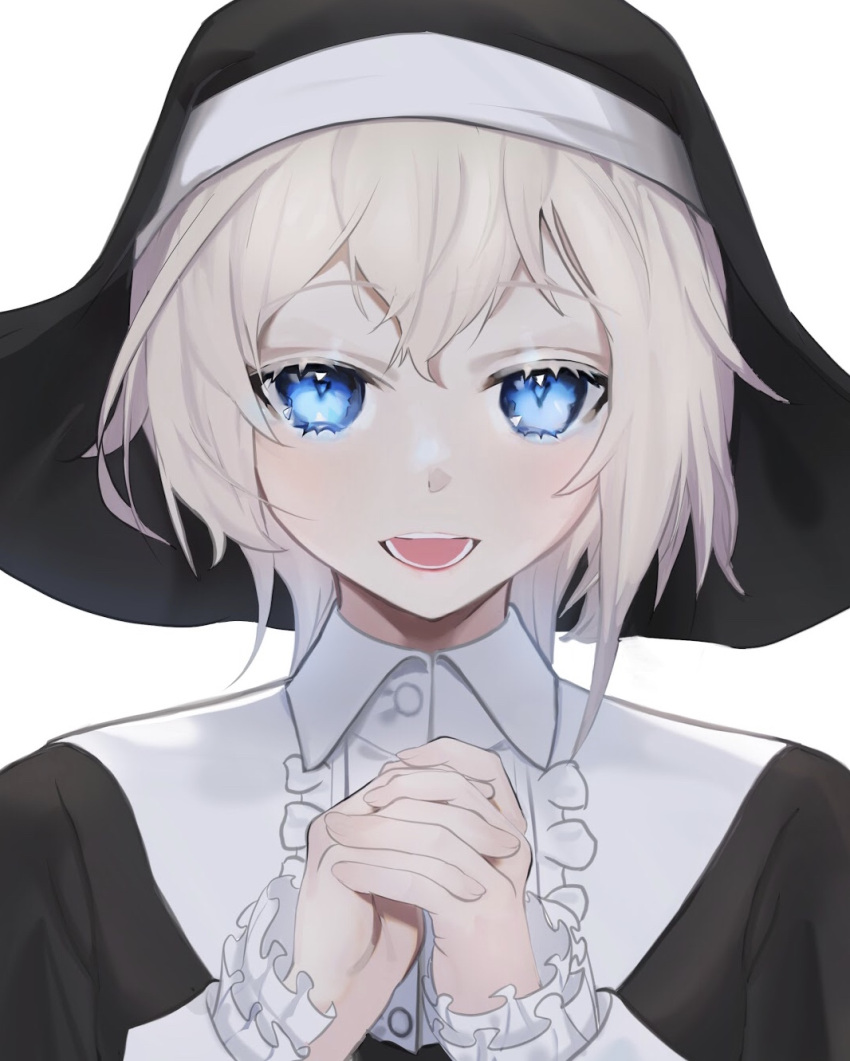 1girl bangs black_dress blonde_hair blue_eyes center_frills commentary_request daiiichukiii dress eyebrows_visible_through_hair face frilled_sleeves frills habit heart heart-shaped_pupils highres interlocked_fingers looking_at_viewer nun open_mouth original own_hands_together short_hair simple_background solo symbol-shaped_pupils white_background