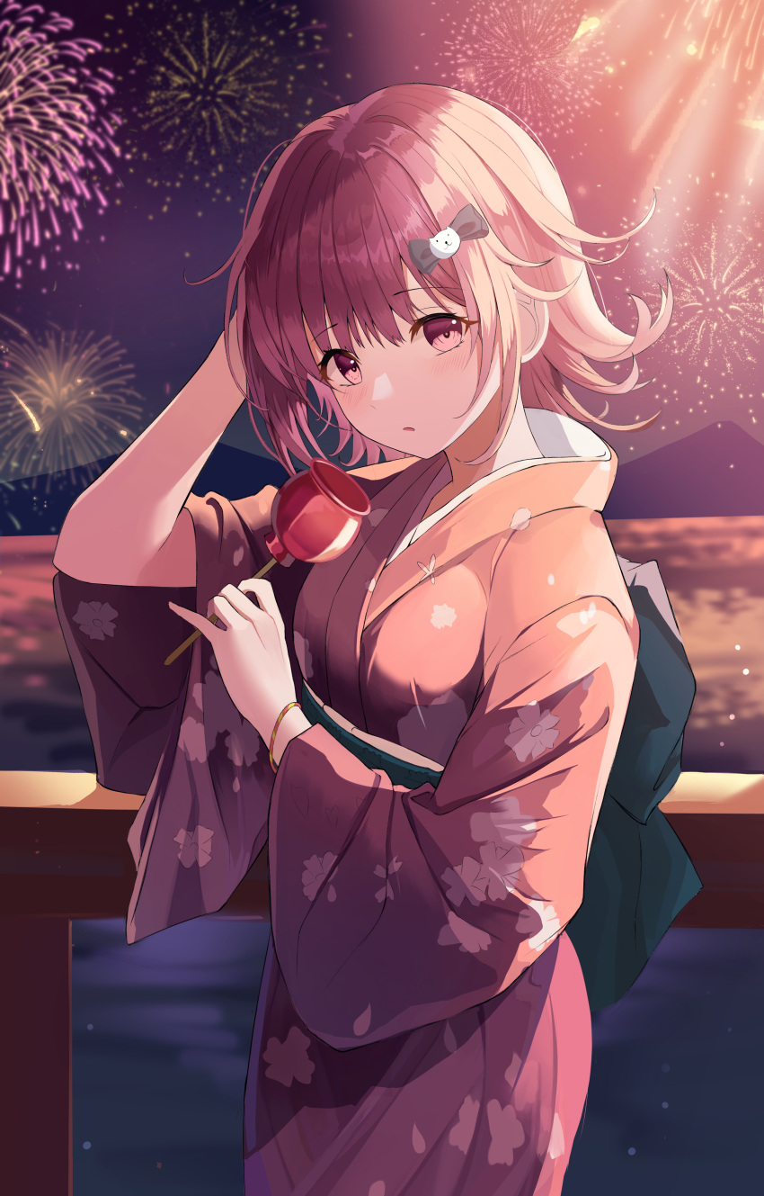 1girl absurdres alternate_costume arm_up bangs blush bow bracelet candy_apple cat_hair_ornament commentary_request danganronpa_(series) danganronpa_2:_goodbye_despair eyebrows_visible_through_hair fireworks flipped_hair food green_bow hair_ornament highres holding japanese_clothes jewelry kimono large_bow long_sleeves looking_at_viewer medium_hair nanami_chiaki night open_mouth outdoors solo watermelon_(subak_jelly) wide_sleeves