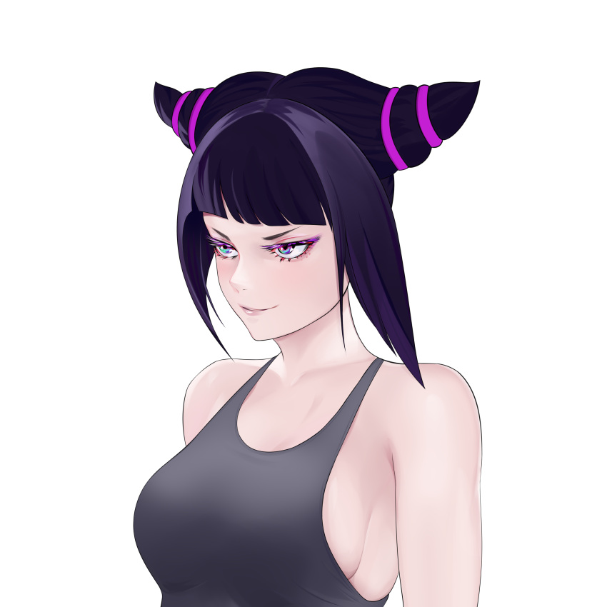 1girl bangs black_hair blunt_bangs breasts capcom collarbone drill_hair female han_juri large_breasts looking_to_the_side metalbrush rainbow_eyes shirt sideboob sidelocks simple_background smile solo street_fighter tank_top twin_drills upper_body white_background