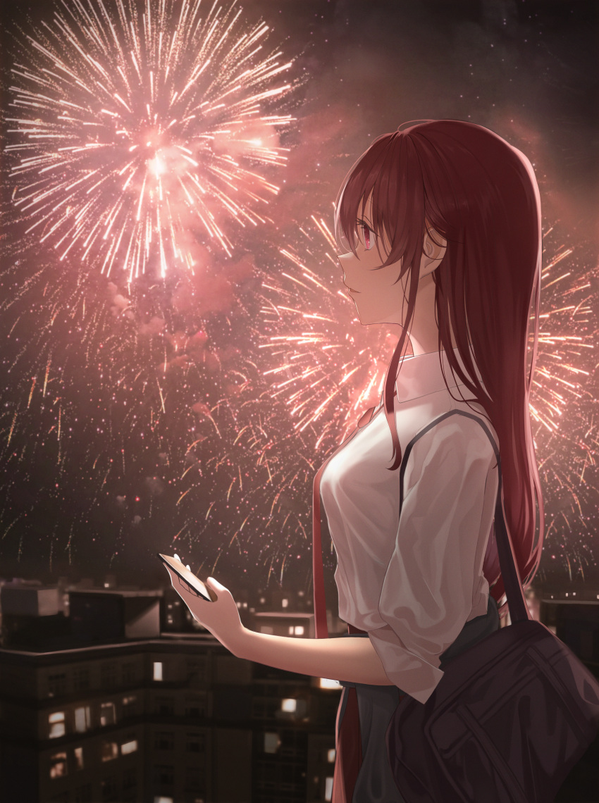 1girl absurdres bag bangs breasts closed_mouth collared_shirt fireworks hair_between_eyes highres holding hololive houshou_marine long_hair medium_breasts necktie night profile red_eyes red_necktie redhead rianya07 shiny shiny_hair shirt sleeves_rolled_up solo standing straight_hair very_long_hair virtual_youtuber white_shirt wing_collar