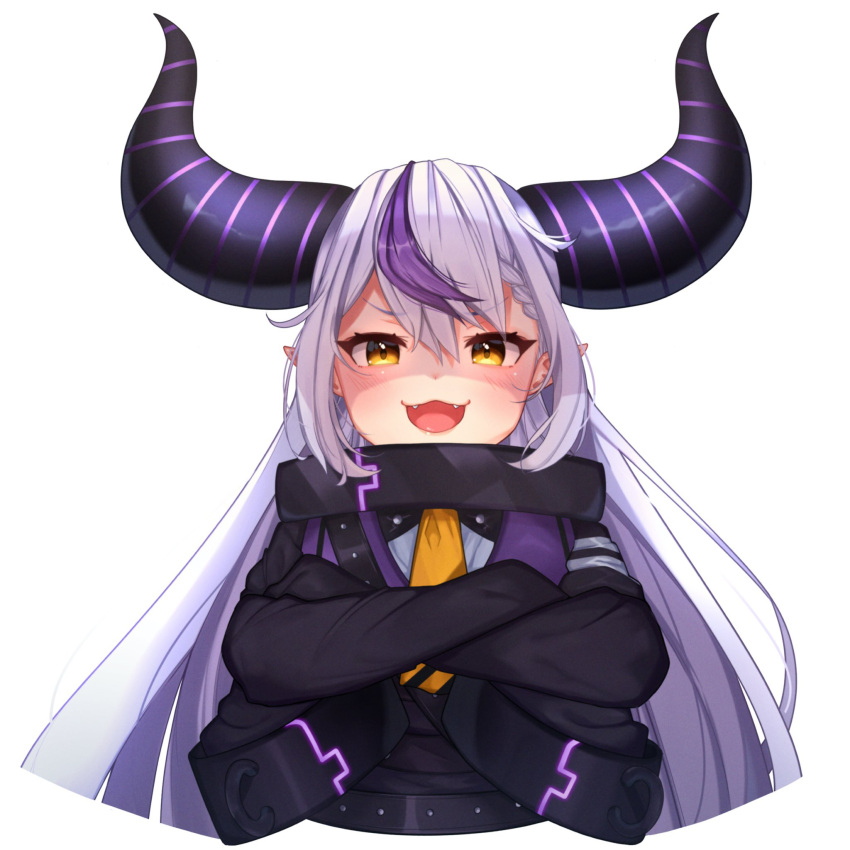 1girl :3 :d ascot braid collar commentary_request cropped_torso crossed_arms demon_horns eyebrows_visible_through_hair fangs hair_between_eyes highres hololive horns la+_darknesss long_hair looking_at_viewer metal_collar multicolored_hair pointy_ears sleeves_past_fingers sleeves_past_wrists smile solo streaked_hair striped_horns temari_maco v-shaped_eyebrows virtual_youtuber white_background yellow_ascot yellow_eyes