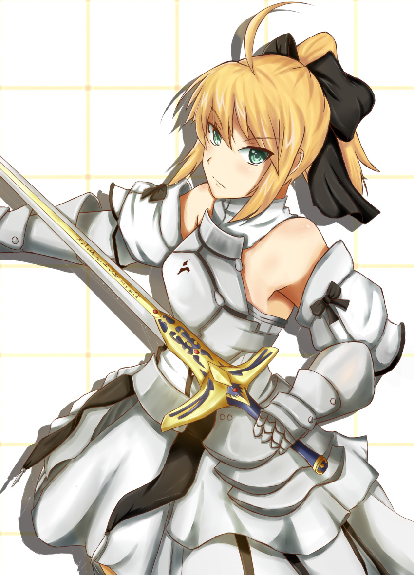 1girl absurdres ahoge armor armored_boots armored_dress artoria_pendragon_(all) bangs black_bow blonde_hair blush boots bow breastplate caliburn caliburn_(fate) craim dress eyebrows_visible_through_hair fate/grand_order fate/unlimited_codes fate_(series) gauntlets green_eyes hair_between_eyes hair_bow highres holding holding_sword holding_weapon long_hair parted_lips ponytail saber_lily scan sidelocks solo standing sword weapon white_dress