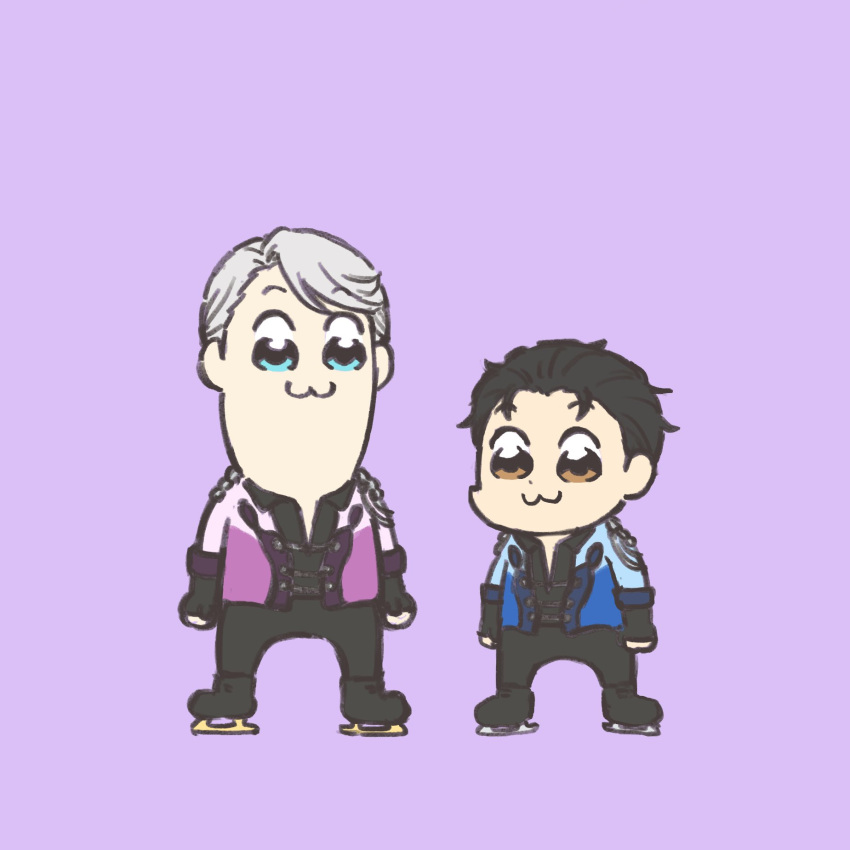 2boys :3 bkub_(style) black_hair black_pants blue_eyes brown_eyes chibi collared_shirt hair_slicked_back highres ice_skates itou_noriko katsuki_yuuri male_focus multiple_boys pants parody poptepipic purple_background shirt silver_hair skates style_parody viktor_nikiforov yuri!!!_on_ice