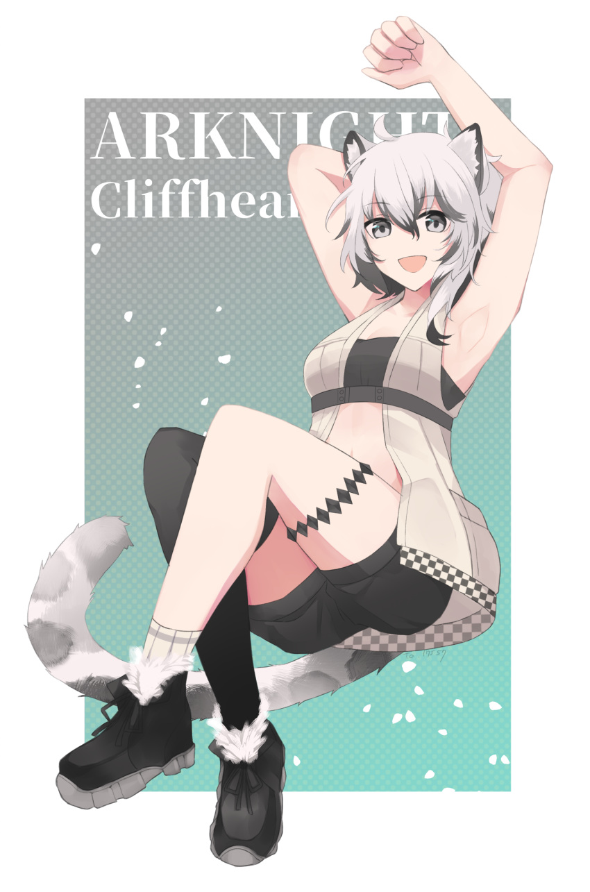 1girl :d absurdres animal_ears arknights armpits arms_up bandeau bangs black_footwear black_legwear black_shorts breasts bustier character_name cliffheart_(arknights) commentary_request copyright_name grey_eyes hair_between_eyes highres jacket leopard_ears leopard_tail looking_at_viewer medium_breasts no_hat no_headwear open_clothes open_jacket partial_commentary shoes short_hair short_shorts shorts silver_hair single_thighhigh sleeveless sleeveless_jacket smile solo strapless tail thigh-highs tube_top w_to_n_to white_jacket