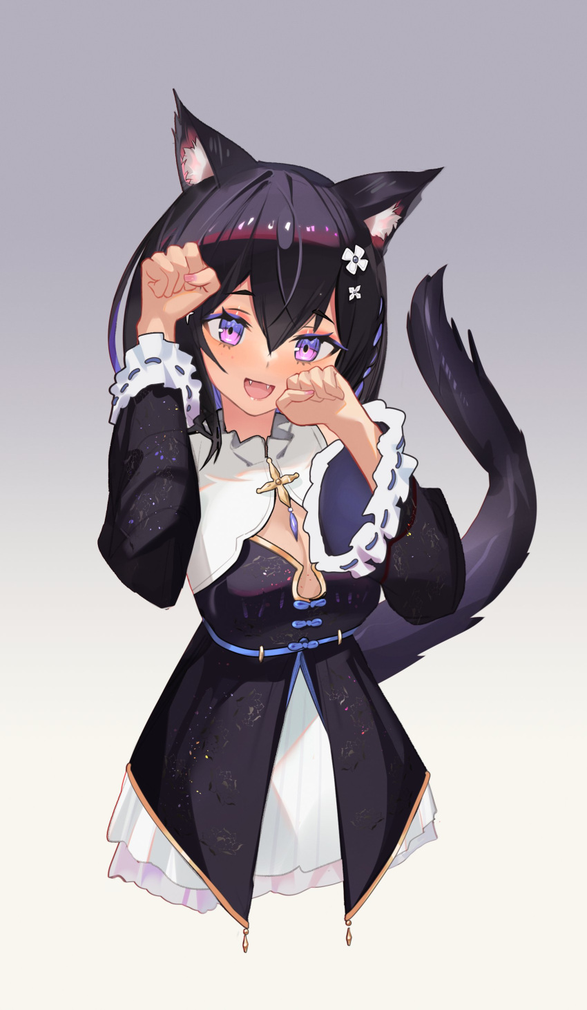 1girl :d absurdres animal_ears bangs bell_sleeves black_dress black_hair black_sleeves black_tail blue_ribbon bob_cut braid breasts cat_ears cat_girl cat_tail cleavage_cutout clothing_cutout clothing_request colored_inner_hair detached_sleeves dress fangs flower furrowed_brow gradient gradient_background grey_background hair_between_eyes hair_flower hair_ornament hair_ribbon hairpin highres hoshina_suzu layered_dress medium_breasts medium_hair multicolored_hair nail_polish open_mouth paw_pose pink_nails ribbon ribbon-trimmed_sleeves ribbon_braid ribbon_trim side_braid simple_background smile solo tail upper_body violet_eyes virtual_youtuber wactor_production white_flower xiami333