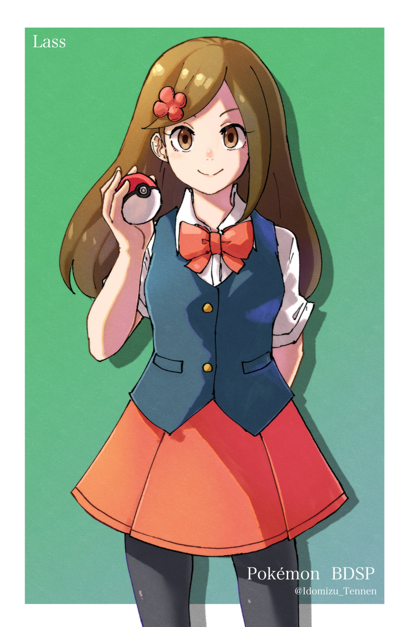 1girl absurdres bangs black_legwear border bow bowtie brown_eyes brown_hair buttons character_name closed_mouth commentary_request copyright_name eyelashes green_background hair_ornament highres holding holding_poke_ball lass_(pokemon) long_hair looking_at_viewer pantyhose pleated_skirt poke_ball poke_ball_(basic) pokemon pokemon_(game) pokemon_bdsp shirt short_sleeves skirt smile solo tennnensui vest white_border white_shirt