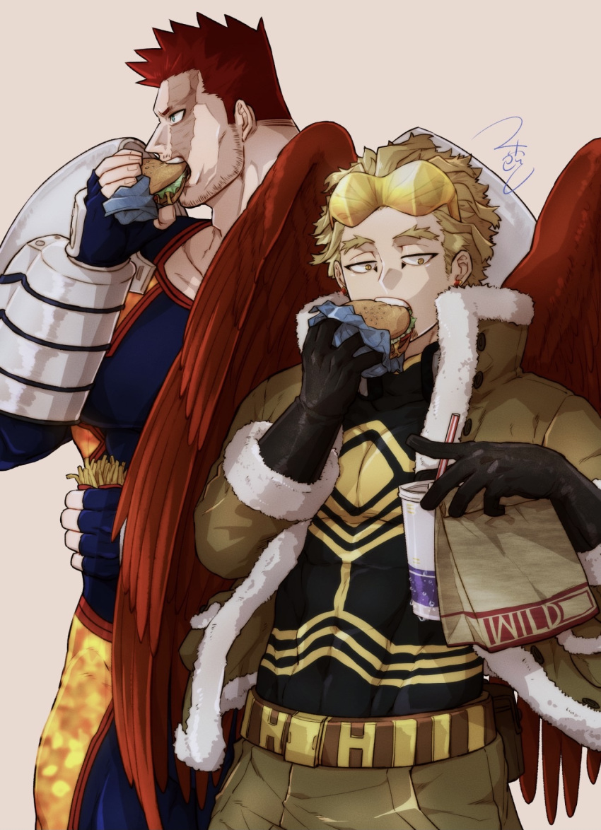 2boys beard belt blonde_hair blue_eyes body_markings bodysuit bodysuit_under_clothes boku_no_hero_academia burger burn_scar costume drink earrings eating endeavor_(boku_no_hero_academia) eyewear_on_head facial_hair fast_food feathered_wings fingerless_gloves food french_fries fur-trimmed_jacket fur_trim gloves goatee hawks_(boku_no_hero_academia) headphones highres holding holding_drink holding_food jacket jewelry mahoubin_(totemo_hot_dayo) male_focus mature_male multiple_boys muscular muscular_male mustache red_feathers redhead rimless_eyewear scar scar_across_eye scar_on_cheek scar_on_face scar_on_mouth short_hair sideburns signature size_difference skin_tight spiky_hair stubble stud_earrings tinted_eyewear toned toned_male utility_belt very_short_hair white_background wings yellow_eyes