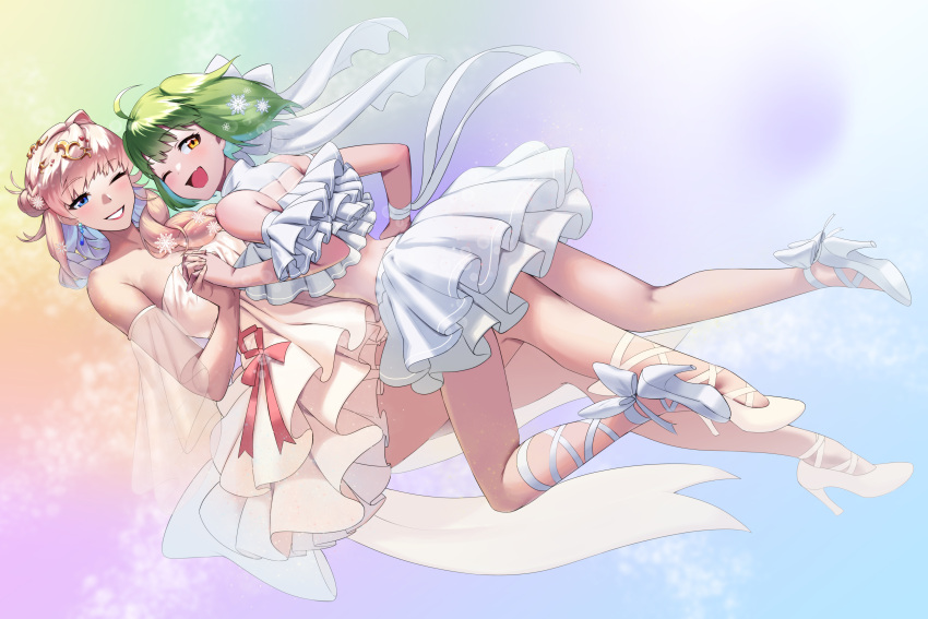 2girls ;d absurdres ahoge ankle_bow blue_eyes bow detached_sleeves dress earrings fang floating_hair full_body green_hair grin hair_ornament high_heels highres holding_hands interlocked_fingers jewelry layered_dress layered_skirt leg_ribbon looking_at_viewer macross macross_frontier medium_hair miniskirt multicolored_hair multiple_girls one_eye_closed pink_hair pleated_skirt pumps ranka_lee red_lips ribbon see-through_sleeves sheryl_nome shiny shiny_hair short_dress silver_hair skin_fang skirt sleeveless sleeveless_dress smile snowflake_hair_ornament strapless strapless_dress two-tone_hair white_bow white_dress white_footwear white_ribbon white_skirt wrist_ribbon ybee yellow_eyes