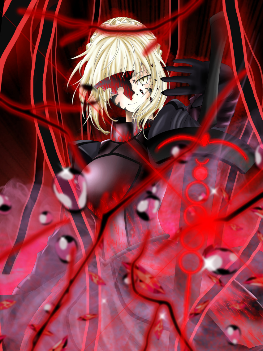 1girl absurdres artoria_pendragon_(fate) bangs black_dress black_ribbon blonde_hair braid closed_mouth commentary_request dark_excalibur dress excalibur_morgan_(fate) fate/grand_order fate/stay_night fate_(series) french_braid from_below gothic_lolita hair_bun highres holding holding_sword holding_weapon ilsa34660285 juliet_sleeves lolita_fashion long_sleeves looking_at_viewer puffy_sleeves ribbon saber_alter sidelocks sword weapon yellow_eyes