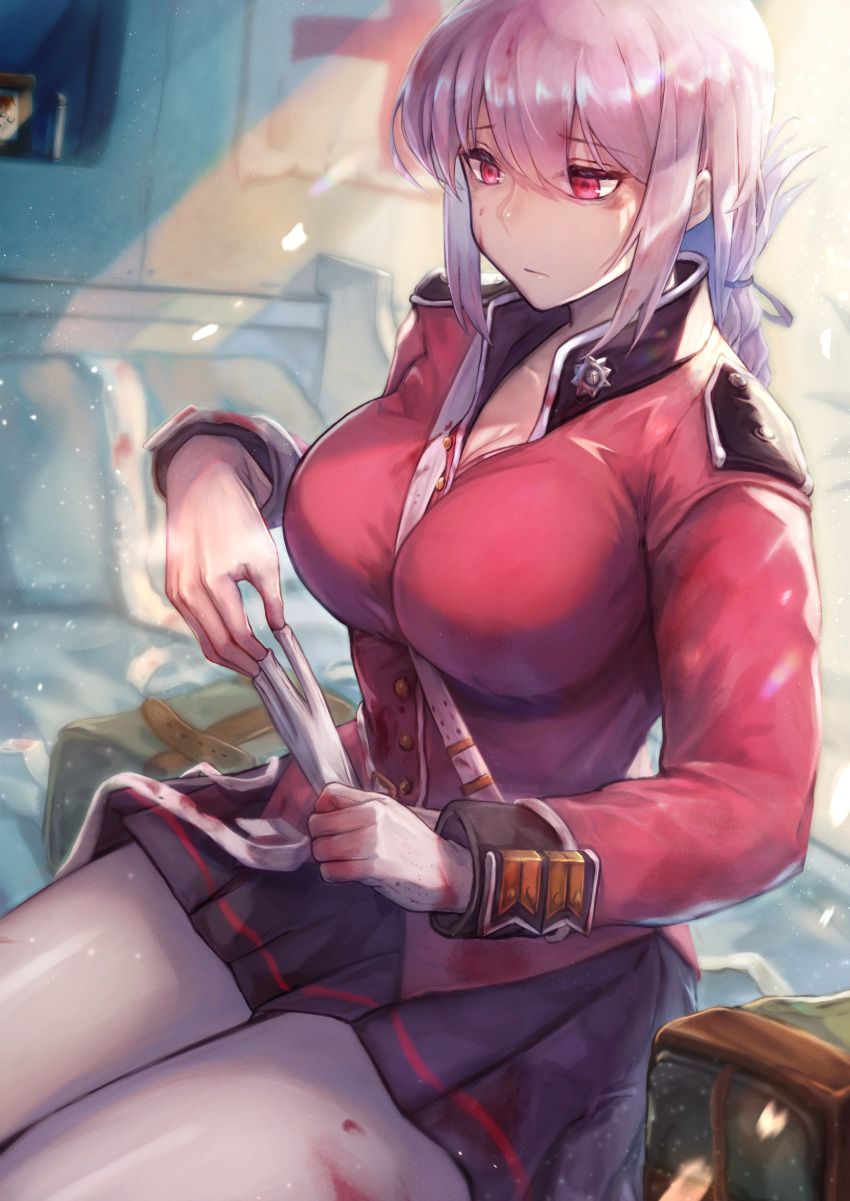 1girl bangs belt black_skirt blush braid braided_ponytail breasts buttons clipboard cray_gtn14 fate/grand_order fate_(series) florence_nightingale_(fate/grand_order) folded_ponytail gloves highres jacket large_breasts long_hair long_sleeves pantyhose parted_lips pink_hair red_eyes red_jacket sitting skirt thighs white_gloves white_legwear