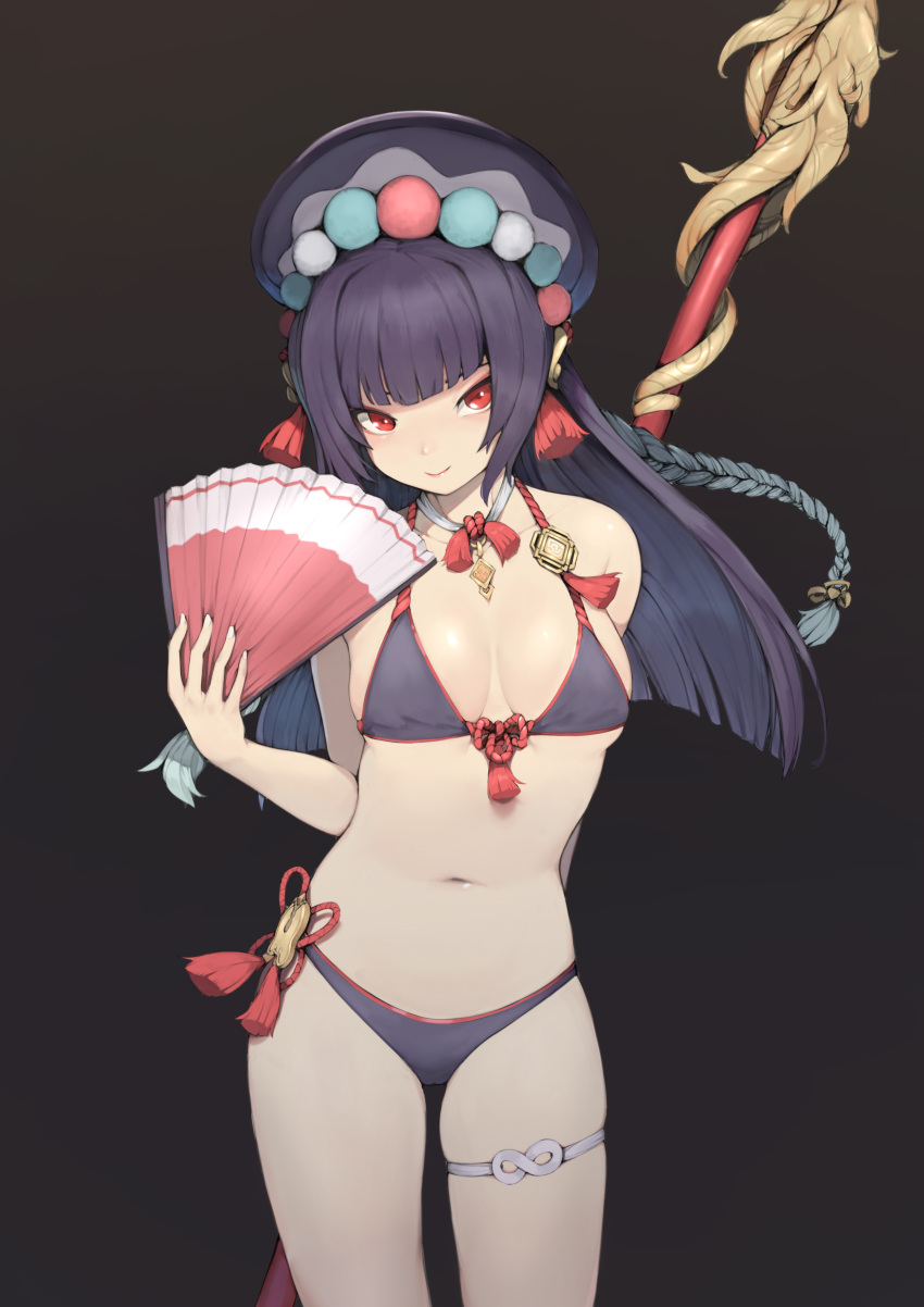 1girl absurdres bangs bare_arms bare_shoulders bikini black_background black_bikini black_hair black_headwear breasts closed_mouth commentary english_commentary eyebrows_behind_hair folding_fan genshin_impact hand_fan hat highres holding holding_fan long_hair looking_at_viewer navel red_eyes rou_(rou22) simple_background small_breasts smile solo standing swimsuit weapon weapon_on_back yun_jin_(genshin_impact)