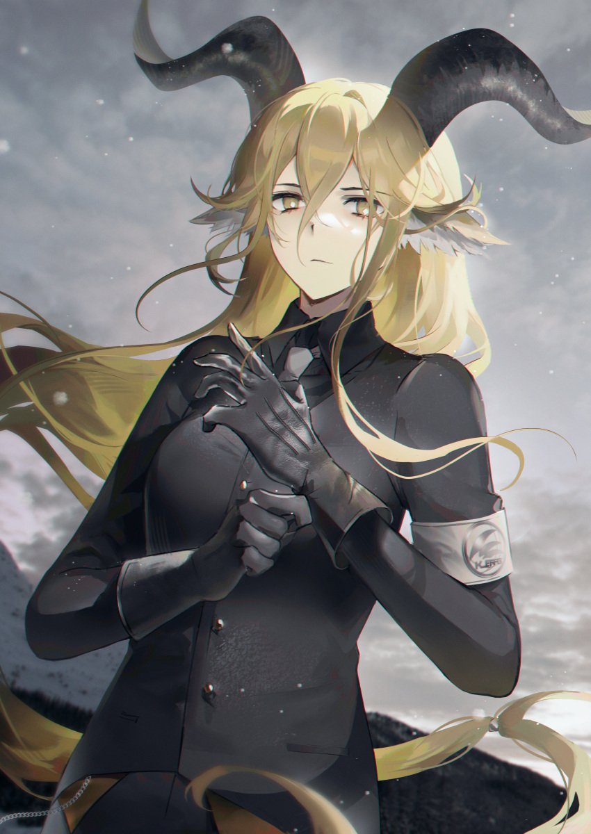1girl absurdres adjusting_clothes adjusting_gloves animal_ear_fluff animal_ears arknights armband bangs black_gloves black_shirt blonde_hair clouds cloudy_sky collared_shirt cowboy_shot degenbrecher_(arknights) gloves goat_ears goat_horns grey_necktie hair_between_eyes highres horns long_hair long_sleeves looking_at_viewer military military_uniform moonlgnance necktie outdoors shirt sky solo uniform very_long_hair yellow_eyes