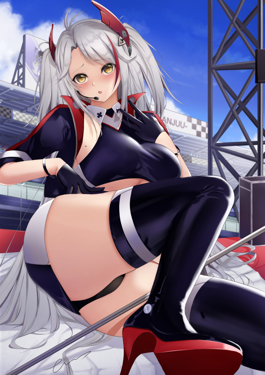 1girl absurdres ass azur_lane black_panties blue_sky boots breasts crop_top earpiece error1945 gloves grey_hair half_gloves headgear high_heels highres jacket large_breasts long_hair looking_at_viewer microskirt mole mole_on_breast multicolored_hair official_alternate_costume open_clothes open_jacket panties prinz_eugen_(azur_lane) prinz_eugen_(final_lap)_(azur_lane) purple_footwear purple_gloves purple_jacket racequeen redhead short_sleeves skirt sky streaked_hair thigh-highs thigh_boots two-tone_hair two-tone_skirt under_boob underwear very_long_hair white_skirt yellow_eyes