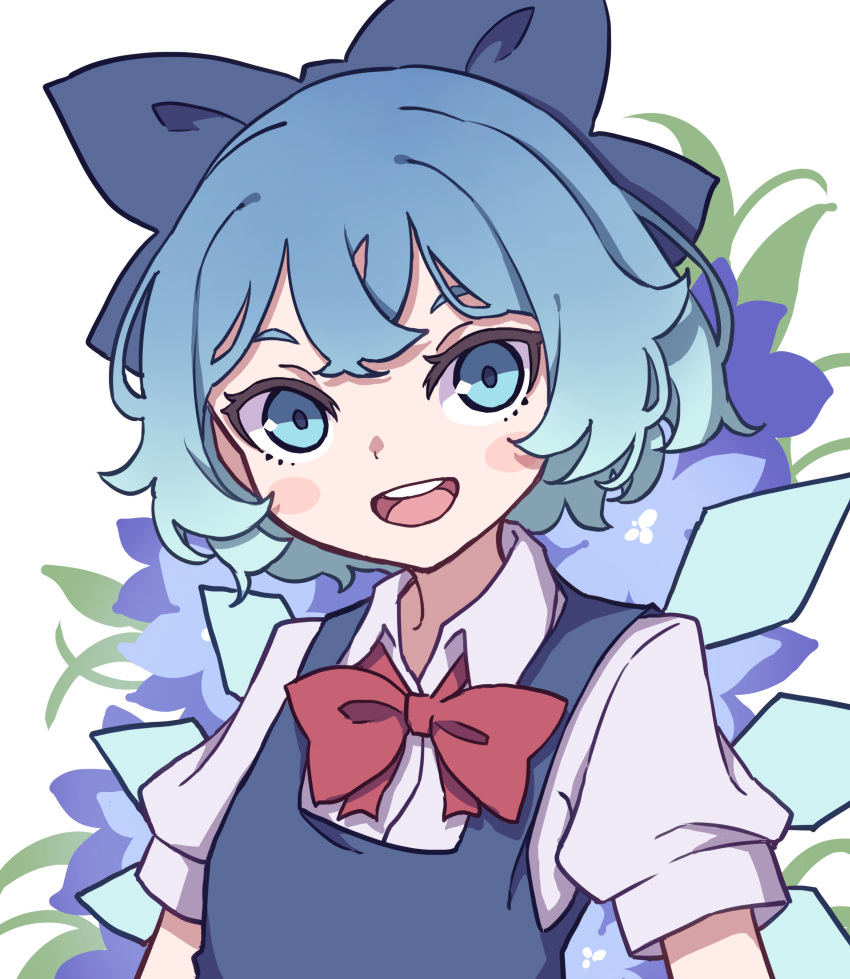 1girl absurdres blue_bow blue_dress blue_eyes blue_hair blush_stickers bow cirno collared_shirt detached_wings dress fairy hair_between_eyes hair_bow highres ice ice_wings kame_(kamepan44231) looking_at_viewer one-hour_drawing_challenge open_mouth puffy_short_sleeves puffy_sleeves round_teeth shirt short_hair short_sleeves smile solo teeth touhou upper_body upper_teeth white_shirt wings