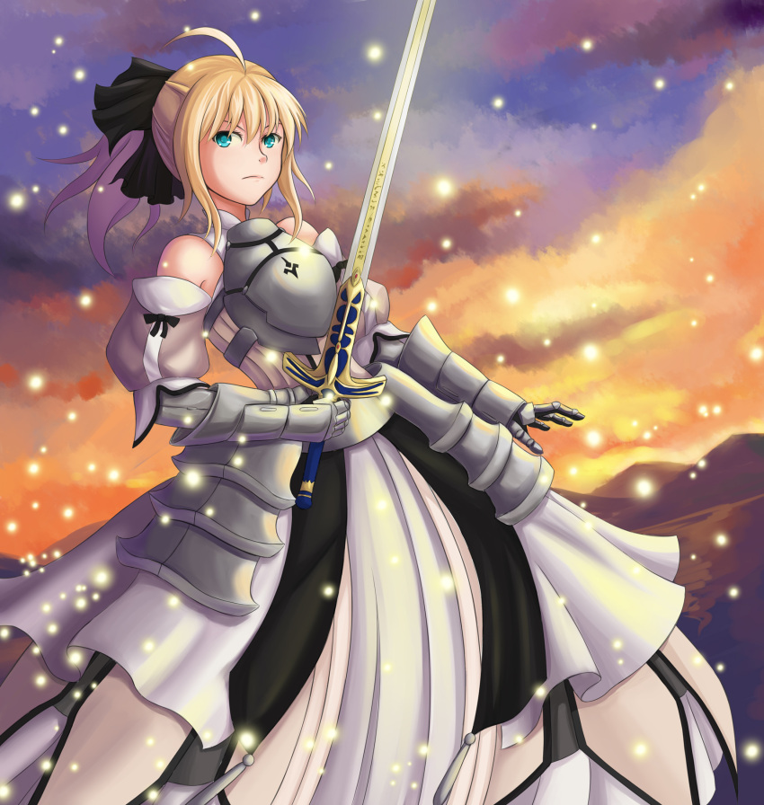 1girl armor armored_dress artoria_pendragon_(all) black_bow blonde_hair blue_sky bow breastplate caliburn clouds day dress excalibur eyebrows_visible_through_hair fate/grand_order fate/unlimited_codes fate_(series) faulds floating_hair gauntlets green_eyes hair_between_eyes hair_bow hands_on_hilt highres long_hair looking_at_viewer outdoors petals ponytail saber_lily signature sky sleeveless sleeveless_dress smile solo standing white_dress wil_(pixiv1732412)