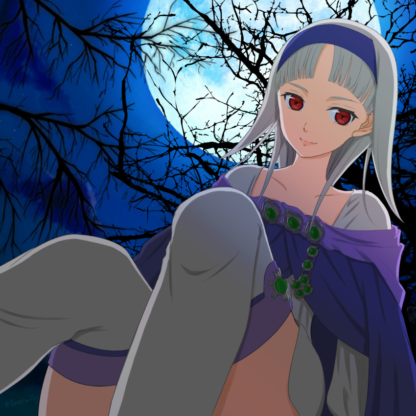 1girl albino cape closed_mouth dress full_moon gensou_suikoden gensou_suikoden_ii hairband highres long_hair looking_at_viewer miru_morinaga moon red_eyes sierra_mikain silver_hair skirt smile solo suikoden_ii thigh-highs tree white_hair