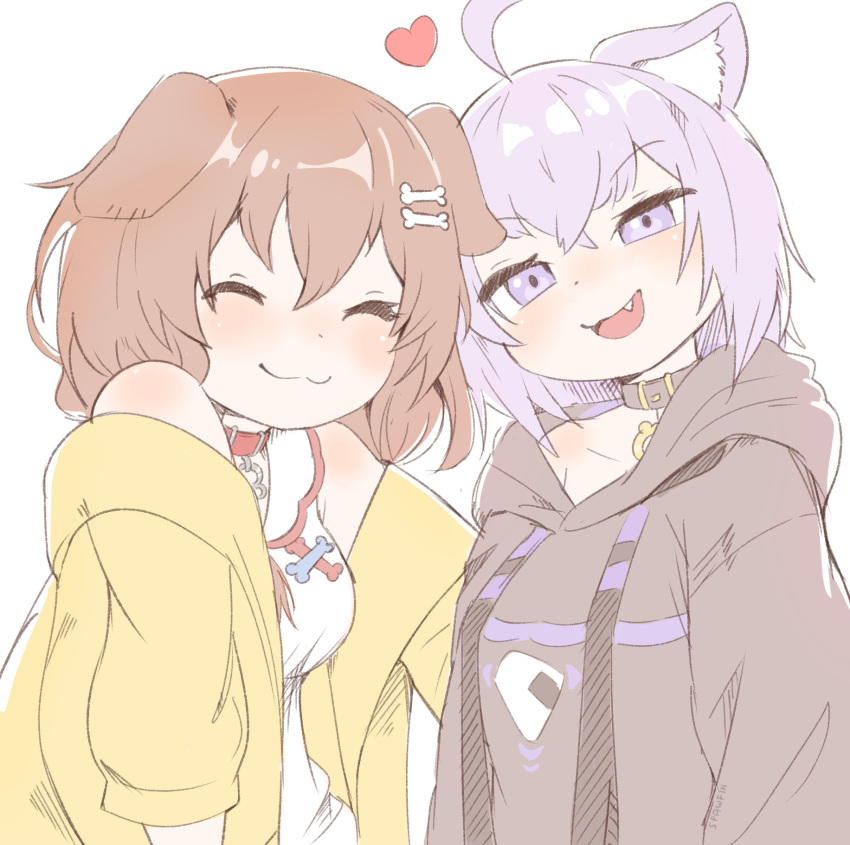 2girls :3 ahoge animal_collar animal_ear_fluff animal_ears bangs bare_shoulders black_collar black_hoodie bone_hair_ornament brown_eyes brown_hair cat_girl closed_eyes collar collarbone commentary crossed_bangs dog_ears dog_girl drawstring dress english_commentary fang food hair_ornament half-closed_eyes heart highres hololive hood hoodie inugami_korone jacket long_hair looking_at_viewer multiple_girls nekomata_okayu off_shoulder onigiri onigiri_print open_clothes open_jacket purple_hair red_collar short_hair simple_background spawfin standing upper_body violet_eyes virtual_youtuber white_background white_dress yellow_jacket