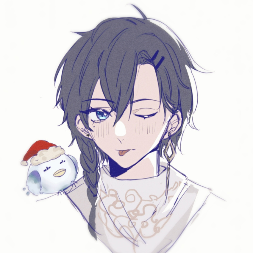 1boy :p bird blue_eyes blue_hair blush braid ear_piercing grey_hair hair_ornament hairclip hat highres jia_yi_yi mole mole_under_eye nijisanji one_eye_closed pale_skin piercing santa_hat tongue tongue_out virtuareal yog_(virtuareal)