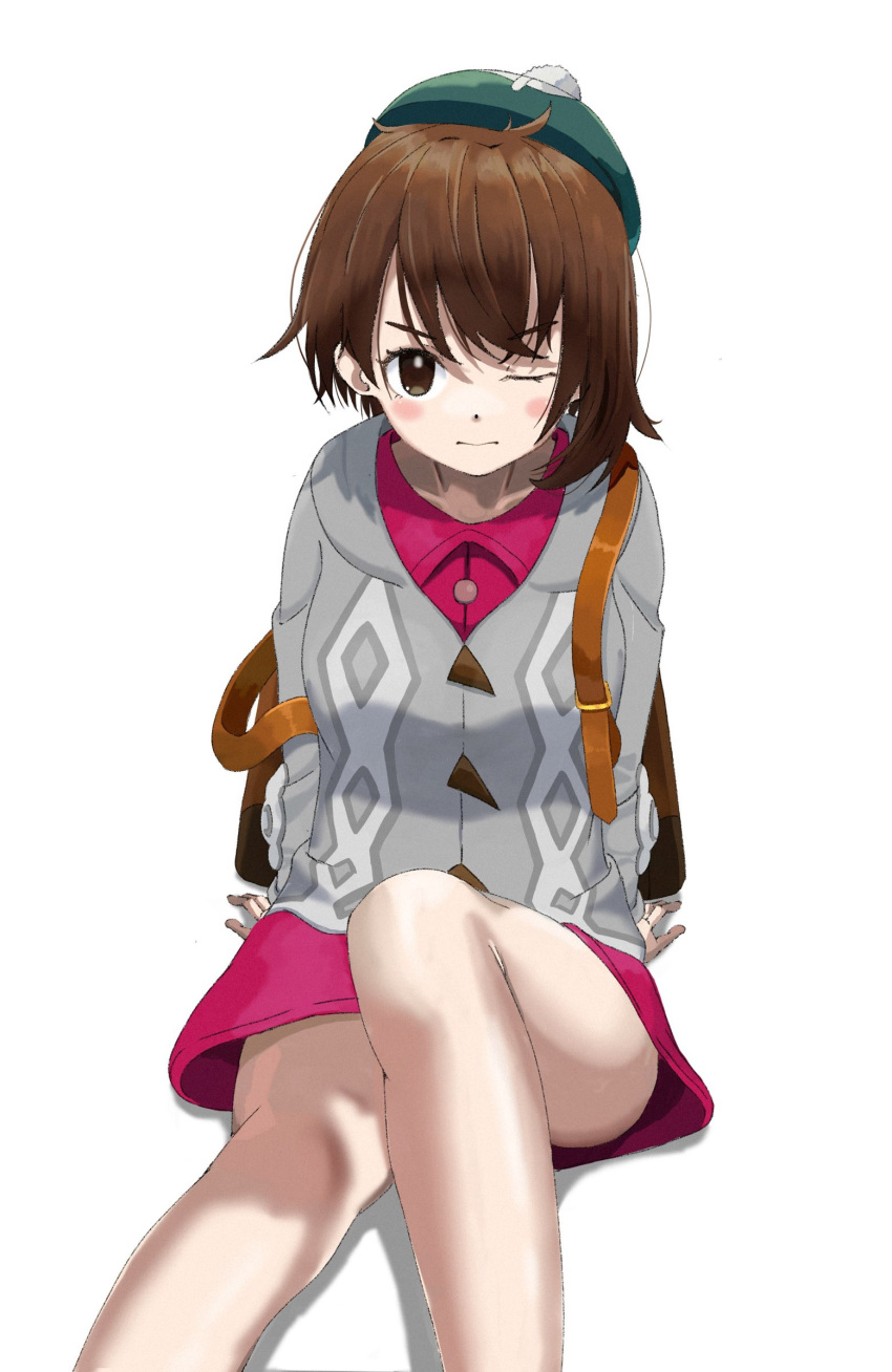 1girl arm_support backpack bag bangs blush bob_cut brown_bag brown_eyes brown_hair buttons cable_knit cardigan closed_mouth collared_dress commentary dress eyelashes gloria_(pokemon) green_headwear grey_cardigan hat highres hooded_cardigan kun_(user_tmwh7453) looking_at_viewer one_eye_closed pink_dress pokemon pokemon_(game) pokemon_swsh short_hair sitting solo tam_o'_shanter