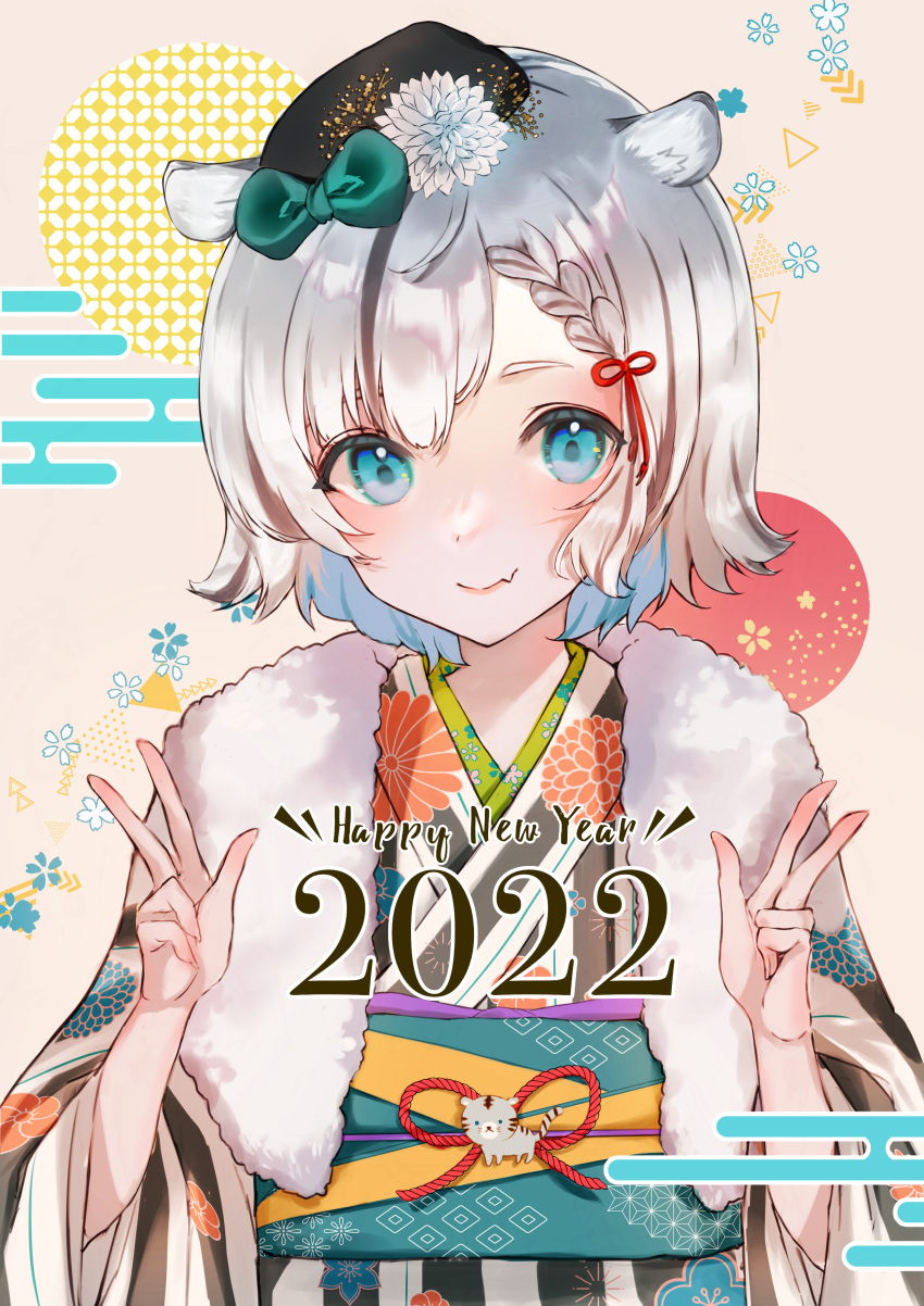 1girl 2022 absurdres animal_ear_fluff animal_ears black_hair black_headwear blue_eyes bow braid brown_background chinese_zodiac closed_mouth commentary_request double_w egasumi fang fang_out floral_print flower green_bow grey_hair hands_up happy_new_year hat highres japanese_clothes kimono mini_hat multicolored_hair nagi_(pickles_pipipi) new_year obi original print_kimono sash smile solo streaked_hair tiger_ears upper_body w white_flower year_of_the_tiger