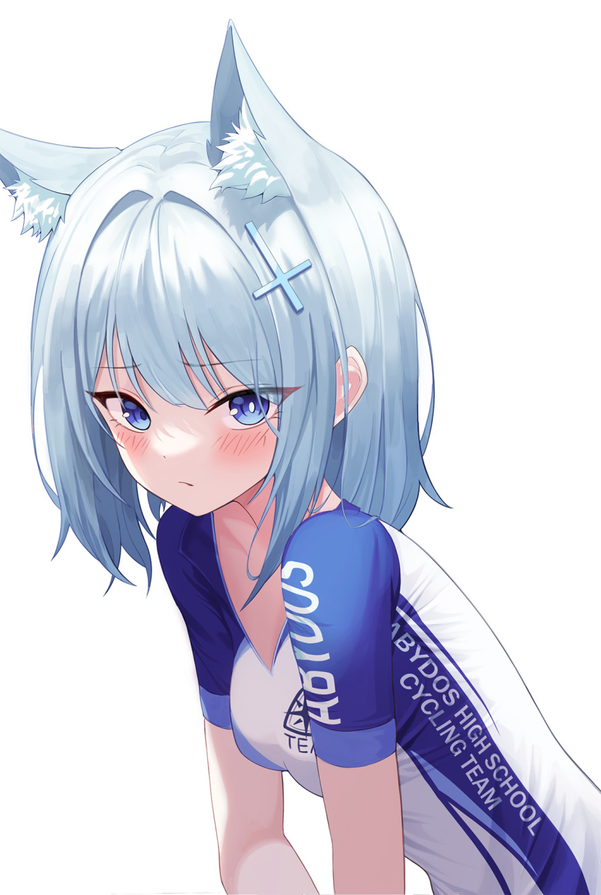 1girl animal_ear_fluff animal_ears bangs blue_archive blue_eyes blush breasts closed_mouth cross_hair_ornament eyebrows_visible_through_hair eyelashes fox_ears hair_intakes hair_ornament highres ju-ok long_hair looking_at_viewer shiny shiny_hair shiroko_(blue_archive) shiroko_(cycling)_(blue_archive) short_sleeves silver_hair simple_background small_breasts solo sportswear upper_body white_background
