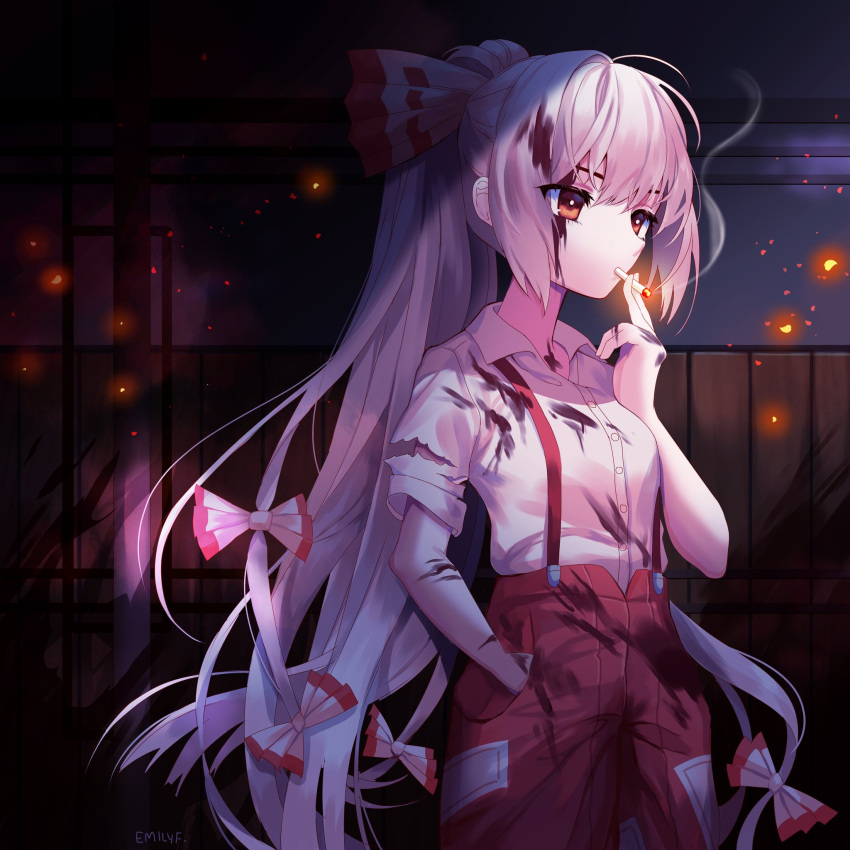1girl baggy_pants bangs blush bow breasts buttons cigarette closed_mouth collar collared_shirt dirty dirty_clothes english_commentary eyebrows_visible_through_hair eyes_visible_through_hair feet_out_of_frame fujiwara_no_mokou hair_between_eyes hair_bow hand_in_pocket hand_up highres holding holding_cigarette imperishable_night in_mouth long_hair long_sleeves looking_to_the_side medium_breasts multicolored_bow ofuda ofuda_on_clothes pants puffy_long_sleeves puffy_sleeves red_bow red_eyes red_pants shianebulae shirt shouji sliding_doors smoke solo standing torn_clothes torn_shirt torn_sleeves touhou white_bow white_hair white_shirt wing_collar