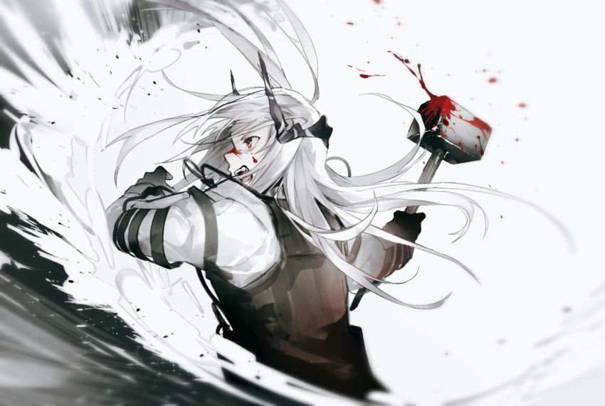 1girl arknights black_gloves blood blood_on_face blood_on_weapon cheonyeon-hi from_side gloves highres horns long_hair long_sleeves mudrock_(arknights) open_mouth orange_eyes profile silver_hair simple_background solo teeth upper_teeth v-shaped_eyebrows weapon white_background