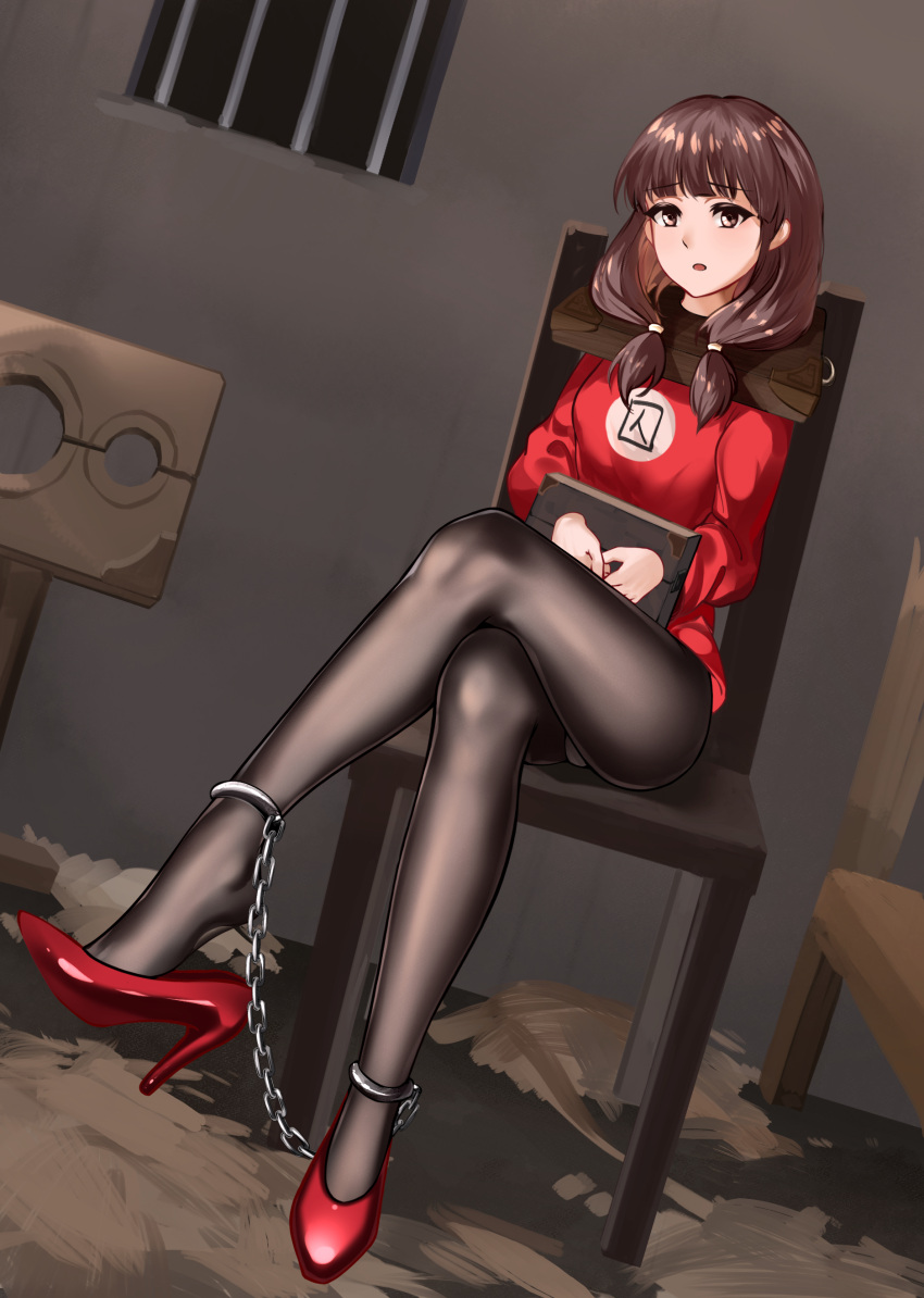 1girl :o absurdres bangs black_legwear blunt_bangs bound bound_legs brown_eyes brown_hair chair chinese_commentary crossed_legs cuffs eyebrows_visible_through_hair full_body haystack high_heels highres looking_at_viewer open_mouth original pantyhose red_footwear red_shirt restrained shackles shiny shiny_clothes shiny_legwear shirt shoe_dangle short_twintails sitting solo thighs twintails zhadanzhawugui
