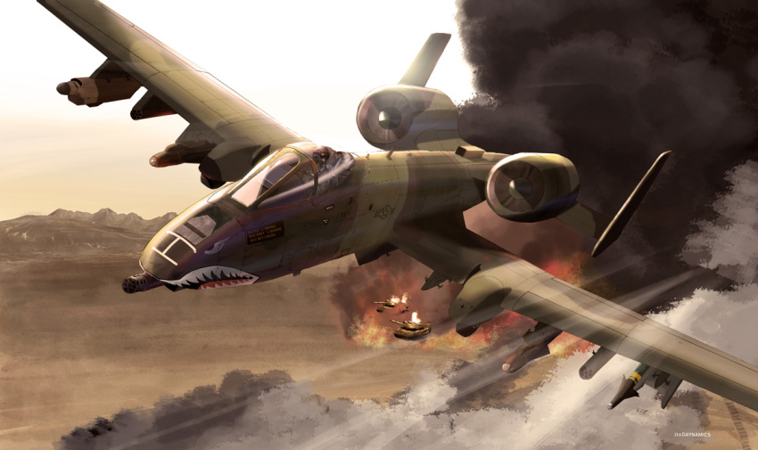 1other a-10_thunderbolt_ii aircraft airplane artist_name burning canopy_(aircraft) flying gatling_gun ground_vehicle hill i.t.o_daynamics looking_to_the_side military military_vehicle missile motor_vehicle pilot pilot_helmet pilot_suit real_life realistic smoke tank vehicle_focus