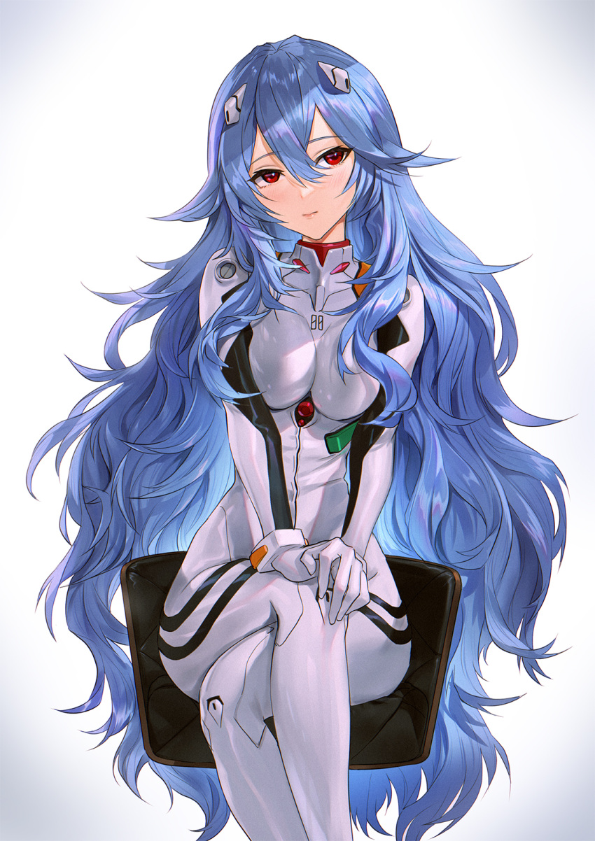 1girl ayanami_rei bangs blue_hair blush bodysuit breasts crossed_legs evangelion:_3.0+1.0_thrice_upon_a_time hair_between_eyes hairpods highres large_breasts long_hair looking_at_viewer mhk_(mechamania) neon_genesis_evangelion plugsuit rebuild_of_evangelion red_eyes sitting solo very_long_hair white_bodysuit