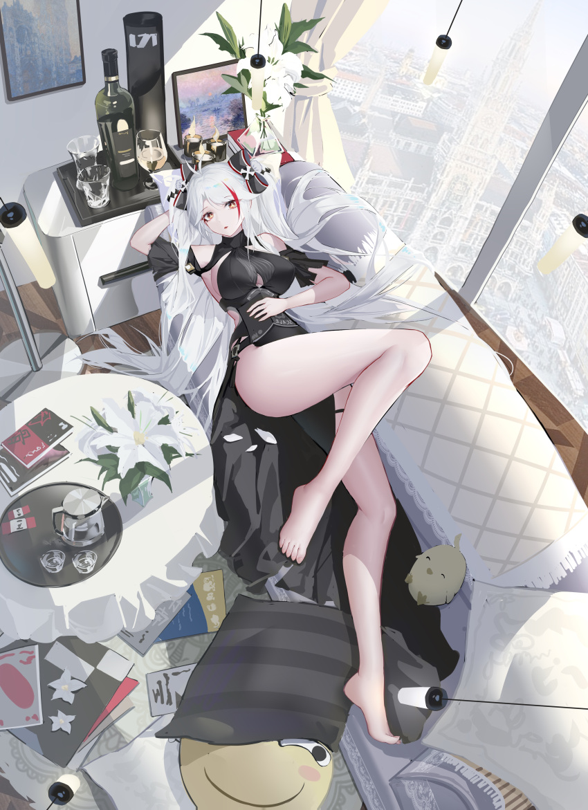1girl absurdres ahoge alcohol arm_behind_head azur_lane bangs bare_legs barefoot book bow breasts building candle chinese_commentary city commentary_request couch cup day drinking_glass eyebrows_visible_through_hair flower hair_bow highres indoors long_hair looking_at_viewer lying medium_breasts multicolored_bow multicolored_hair on_back parted_lips picture_frame prinz_eugen_(azur_lane) red_eyes rib_(rib_delesetong) sideboob solo streaked_hair sunlight swept_bangs symbol-shaped_pupils thighs white_hair window wine wine_glass yellow_pupils