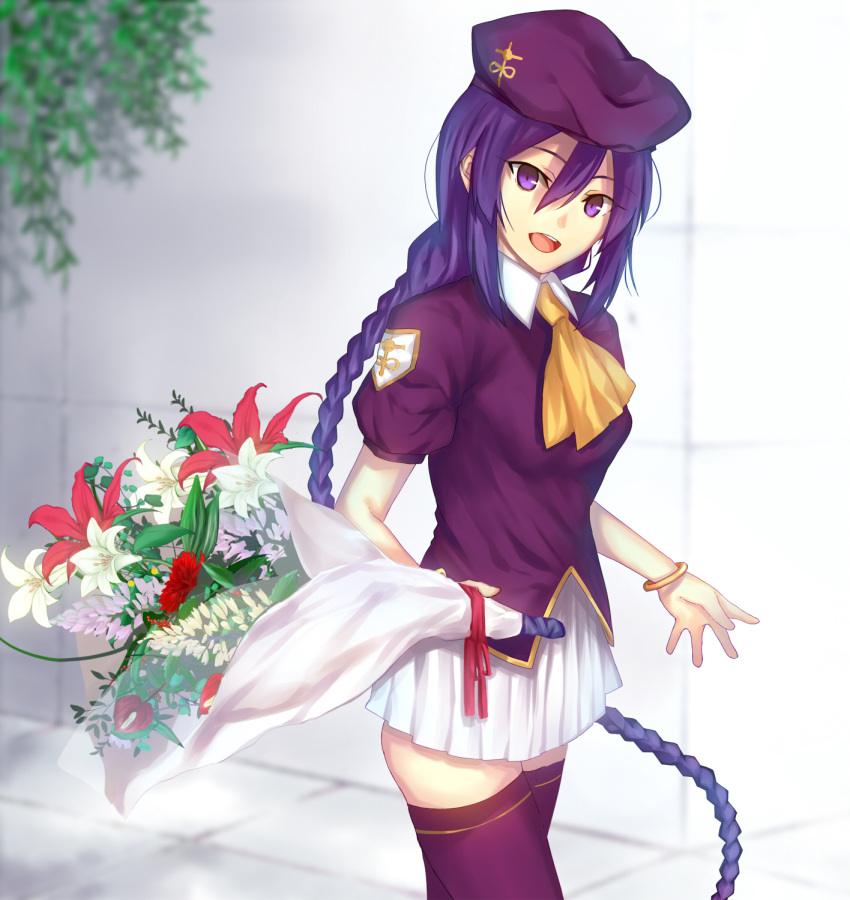 1girl absurdres ascot blush bracelet braid dutch_angle hair_between_eyes hat highres jewelry long_braid long_hair looking_at_viewer purple_eyes purple_hair purple_shirt shikikaito shirt single_braid sion_eltnam_atlasia skirt solo thigh-highs thighs tsukihime type-moon white_background white_skirt