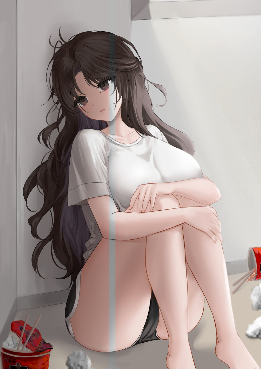 1girl absurdres against_wall ass bare_legs barefoot black_hair black_shorts breasts brown_eyes chopsticks collarbone empty_eyes highres indoors knees_up large_breasts long_hair messy_hair ming_(user_arcn7324) on_floor open_mouth original shirt short_sleeves shorts sitting solo thighs trash used_tissue white_shirt
