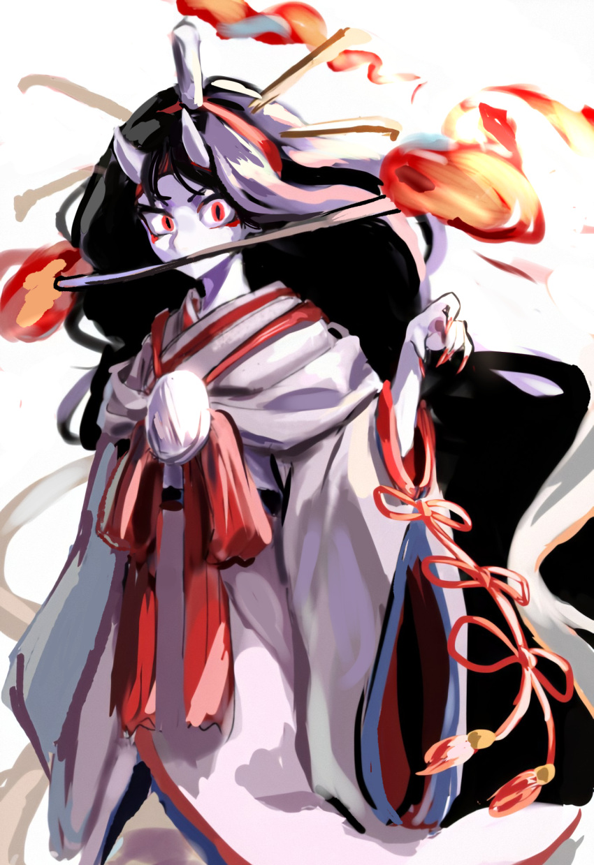 1other androgynous black_hair brown_kimono candle colored_skin commentary_request fingernails fire headband hemo_(hemoroda) highres horns japanese_clothes kimono len'en long_hair red_eyes red_headband red_nails red_ribbon ribbon sharp_fingernails solo taira_no_chouki white_skin