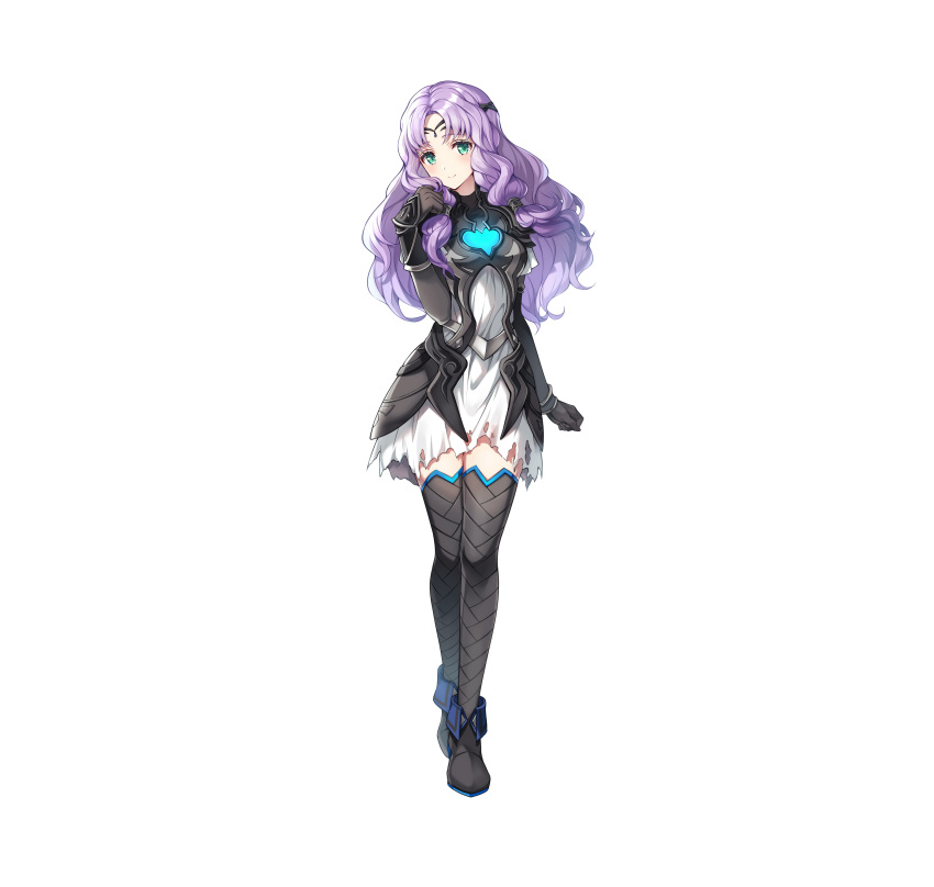 1girl absurdres alternate_costume armor bangs black_armor blush boots breasts circlet closed_mouth commentary_request dress fire_emblem fire_emblem:_the_blazing_blade fire_emblem_heroes florina_(fire_emblem) full_body gloves green_eyes hand_up highres jewelry long_hair long_sleeves looking_at_viewer medium_breasts official_art parted_bangs purple_hair ringozaka_mariko shiny shiny_hair short_dress simple_background smile solo standing thigh-highs thigh_boots torn_clothes white_background white_dress zettai_ryouiki
