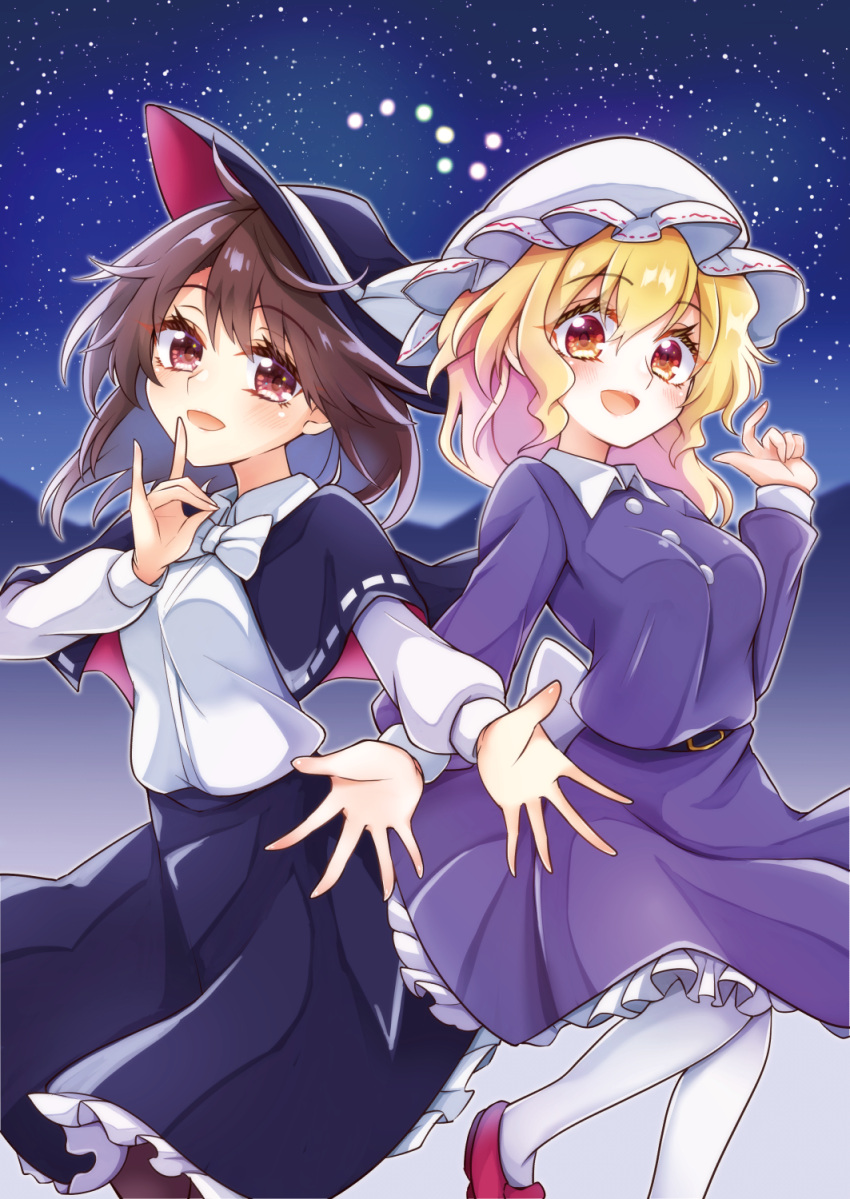 2girls black_capelet black_headwear black_skirt blonde_hair bow bowtie breasts brown_eyes brown_hair capelet commentary_request eyebrows_visible_through_hair fedora finger_touching flower fox_shadow_puppet frilled_skirt frills hat hat_ribbon highres keyaki_chimaki leg_up long_sleeves maribel_hearn medium_hair mob_cap multiple_girls night night_sky open_mouth outdoors purple_shirt purple_skirt rainbow-colored_septentrion red_flower ribbon shirt short_hair skirt sky small_breasts star_(sky) starry_sky touhou usami_renko white_bow white_bowtie white_headwear white_legwear white_ribbon white_shirt yellow_eyes
