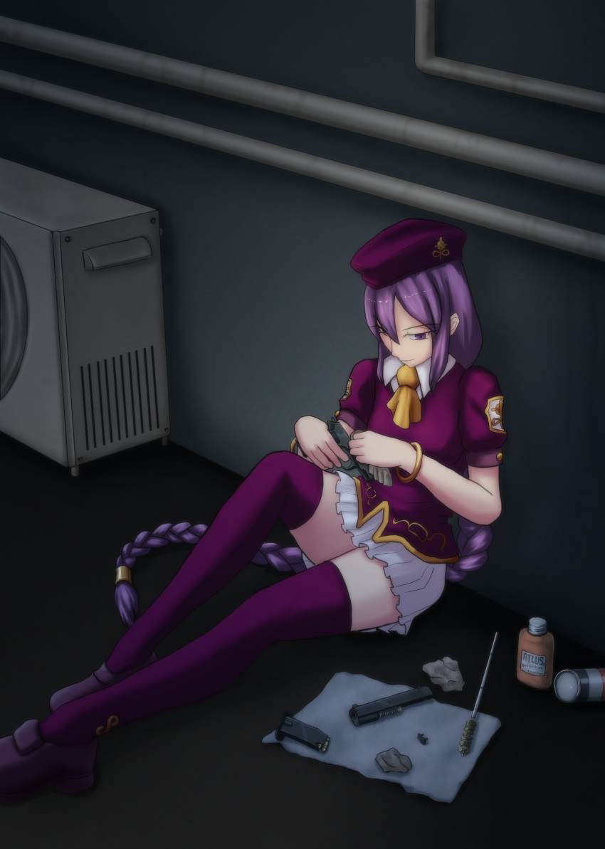 1girl absurdres ascot blush bracelet braid dutch_angle hair_between_eyes hat highres jewelry long_braid long_hair looking_at_viewer purple_eyes purple_hair purple_shirt shirt single_braid sion_eltnam_atlasia skirt solo thigh-highs thighs true_apocrypha tsukihime type-moon white_background white_skirt