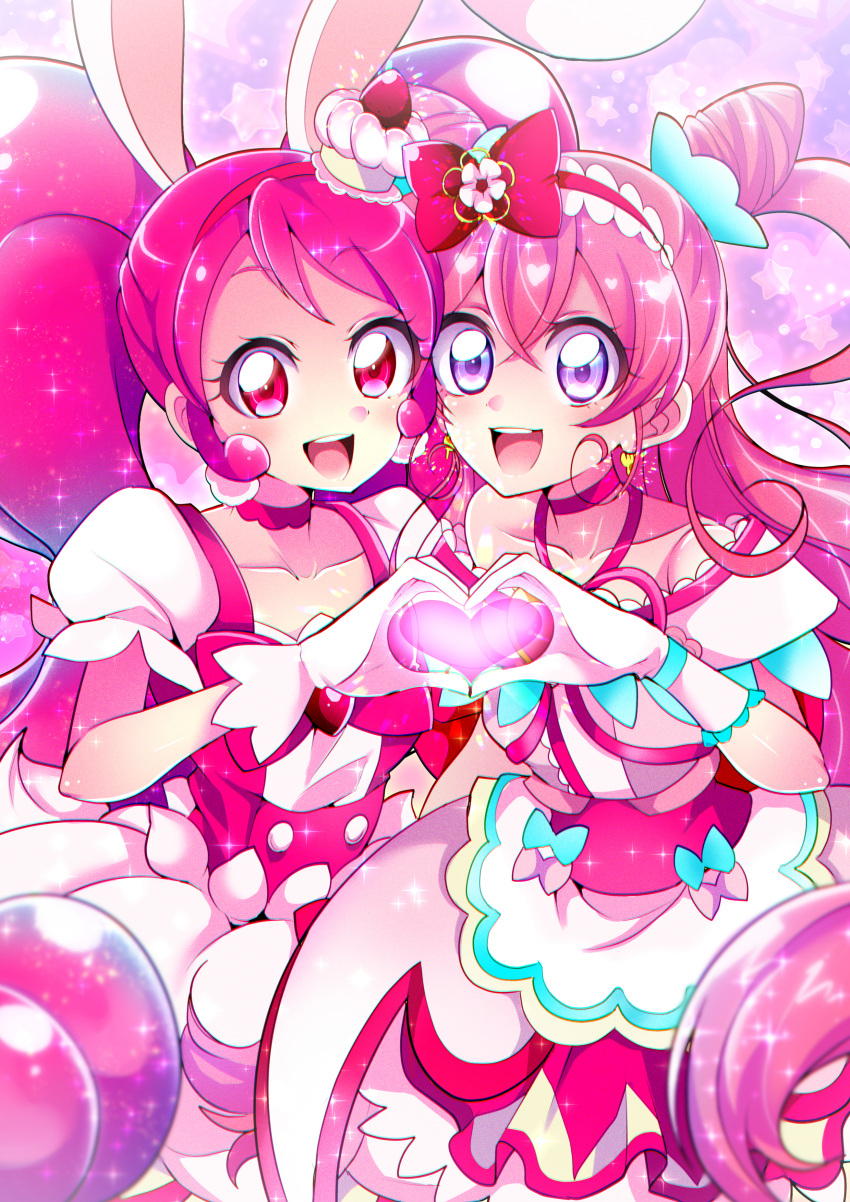 2girls absurdres animal_ears bare_shoulders bow cake_hair_ornament check_commentary choker collarbone commentary commentary_request cure_precious cure_whip delicious_party_precure dress earrings extra_ears eyebrows_visible_through_hair food food-themed_hair_ornament gloves hair_between_eyes hair_ornament heart heart_hands highres jewelry kirakira_precure_a_la_mode long_hair magical_girl mitsuki_tayura multiple_girls nagomi_yui open_mouth pink_bow pink_choker pink_dress pink_eyes pom_pom_(clothes) pom_pom_earrings precure puffy_sleeves purple_background rabbit_ears smile sparkle_background strawberry_shortcake usami_ichika very_long_hair violet_eyes white_gloves