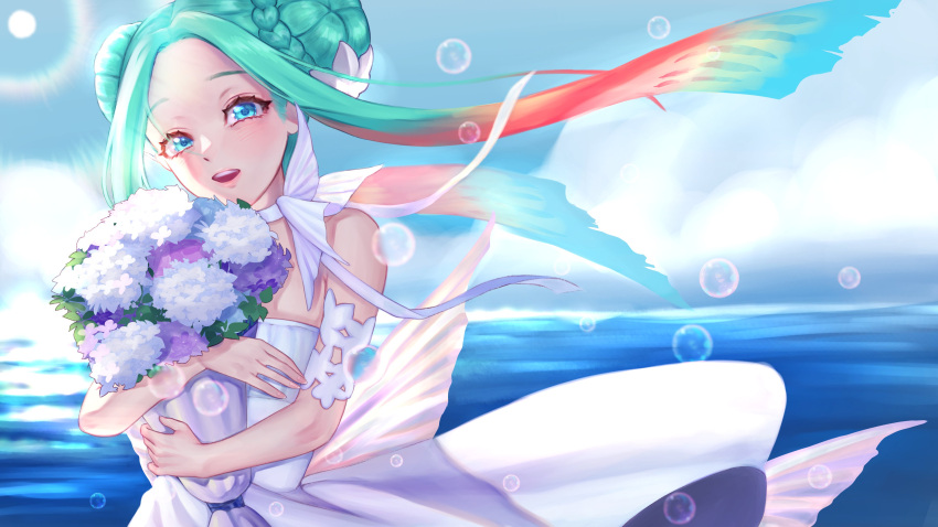 1girl absurdres anon_non_(artist) aqua_hair blue_eyes bouquet braid braided_bun bubble clouds double_bun dress fins fish_girl fish_tail flower gradient highres holding holding_bouquet lips long_hair ocean open_mouth pink_hair prism_project scales solo starfish starfish_hair_ornament tail ushio_sumi virtual_youtuber white_dress