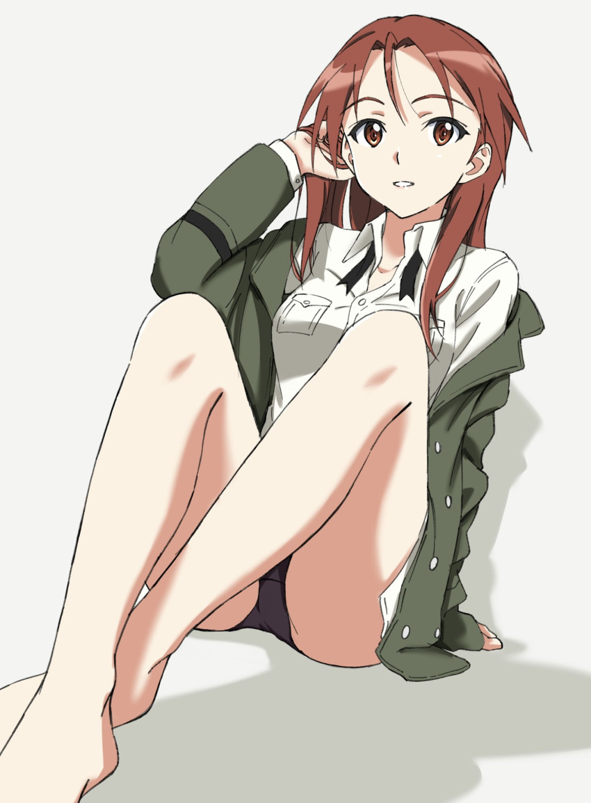 1girl arm_support bare_legs barefoot eyebrows_visible_through_hair hand_in_hair highres jacket looking_at_viewer minna-dietlinde_wilcke red_eyes redhead shirt simple_background sitting smile strike_witches tomitsuka underwear undone_necktie world_witches_series