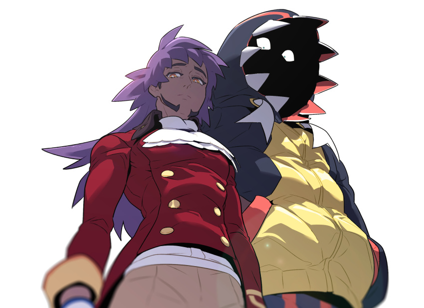 2boys black_hoodie blurry bright_pupils buttons closed_mouth commentary_request dark-skinned_male dark_skin facial_hair from_below hands_in_pockets highres hood hood_up hoodie korean_commentary leon_(pokemon) long_hair male_focus multiple_boys pants pokemon pokemon_(game) pokemon_swsh purple_hair raihan_(pokemon) redlhzz split_mouth tailcoat white_jabot white_pupils