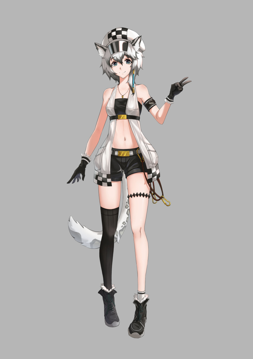 1girl absurdres animal_ears arknights bandeau bangs black_footwear black_gloves black_legwear black_shorts breasts bustier cabbie_hat chinese_commentary cliffheart_(arknights) commentary_request full_body gloves grey_background grey_eyes hand_up hat highres jacket jewelry leopard_ears leopard_tail looking_at_viewer medium_breasts midriff navel necklace open_clothes open_jacket qi_(kanjianwoqingtixingwoquhuahua) shoes short_hair short_shorts shorts silver_hair simple_background single_thighhigh sleeveless sleeveless_jacket smile solo standing stomach strapless tail thigh-highs tube_top v white_headwear
