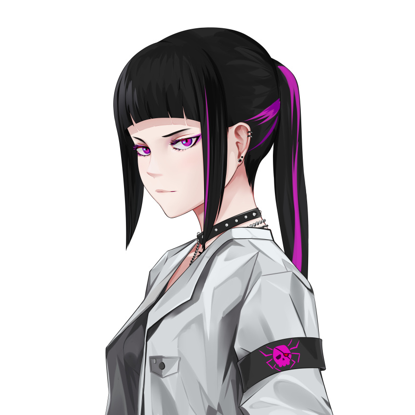 1girl alternate_costume alternate_hairstyle armband black_hair capcom collared_shirt ear_piercing female han_juri long_hair long_ponytail looking_at_viewer metalbrush necklace pink_hair ponytail shirt sidelocks simple_background skull solo spiked_choker streaked_hair street_fighter street_fighter_v upper_body white_background