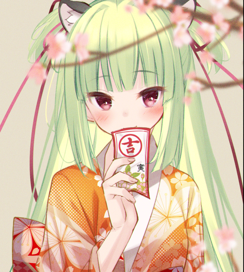 1girl animal_ear_fluff animal_ears bangs blurry blurry_foreground blush branch brown_background cariboy cat_ears closed_mouth commentary_request depth_of_field eyebrows_visible_through_hair floral_print flower green_hair hand_up highres holding japanese_clothes kemonomimi_mode kimono long_hair murasame_(senren) orange_kimono pink_flower print_kimono red_eyes senren_banka smile solo two_side_up upper_body very_long_hair