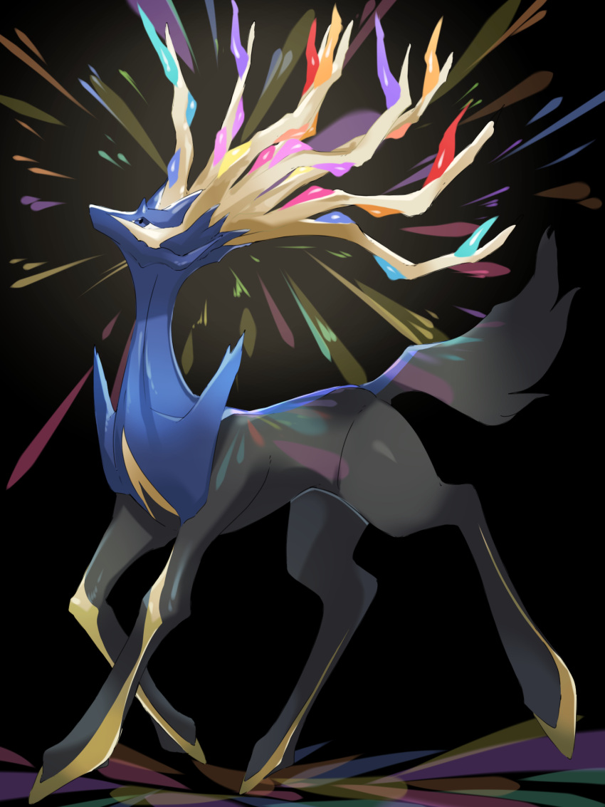 blue_eyes closed_mouth commentary_request from_side full_body glowing highres looking_up mian_(3zandora) no_humans pokemon pokemon_(creature) solo standing xerneas