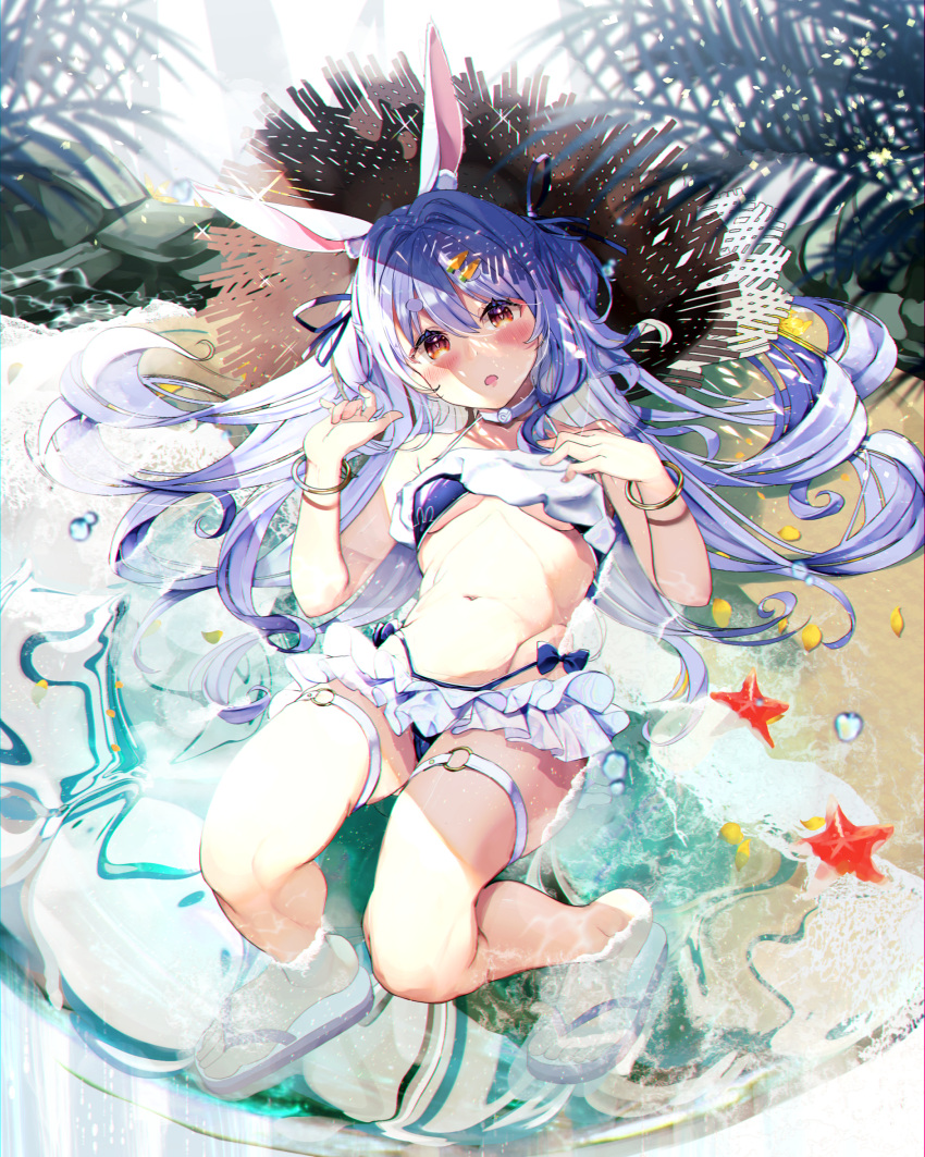 1girl animal_ear_fluff animal_ears bangs bikini blue_bikini blue_hair blush bracelet breasts carrot_hair_ornament commentary_request food-themed_hair_ornament full_body hair_between_eyes hair_ornament haruhina_purple hat highres hololive jewelry knees_up long_hair looking_at_viewer lying medium_breasts navel on_back outdoors rabbit_ears red_eyes short_eyebrows solo starfish stomach straw_hat swimsuit thick_eyebrows thigh_strap usada_pekora very_long_hair virtual_youtuber water