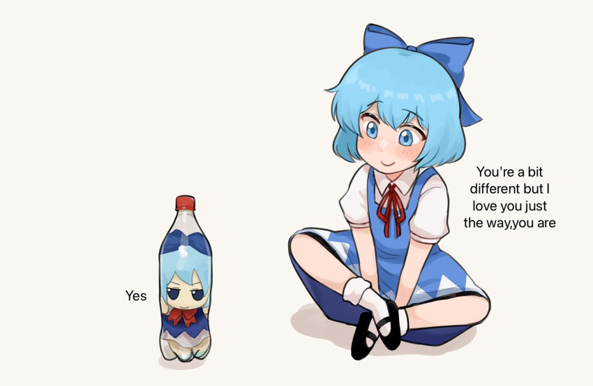 2girls bangs blue_bow blue_dress blue_eyes blue_footwear blue_hair blush bottle bow bowtie chibi cirno closed_mouth collar collared_shirt doll dress english_commentary english_text eyebrows_visible_through_hair fumo_(doll) hair_between_eyes highres looking_at_another looking_to_the_side multiple_girls nvi2762 puffy_short_sleeves puffy_sleeves red_bow red_bowtie red_footwear shadow shirt shoes short_hair short_sleeves simple_background sitting smile socks touhou white_background white_legwear white_shirt