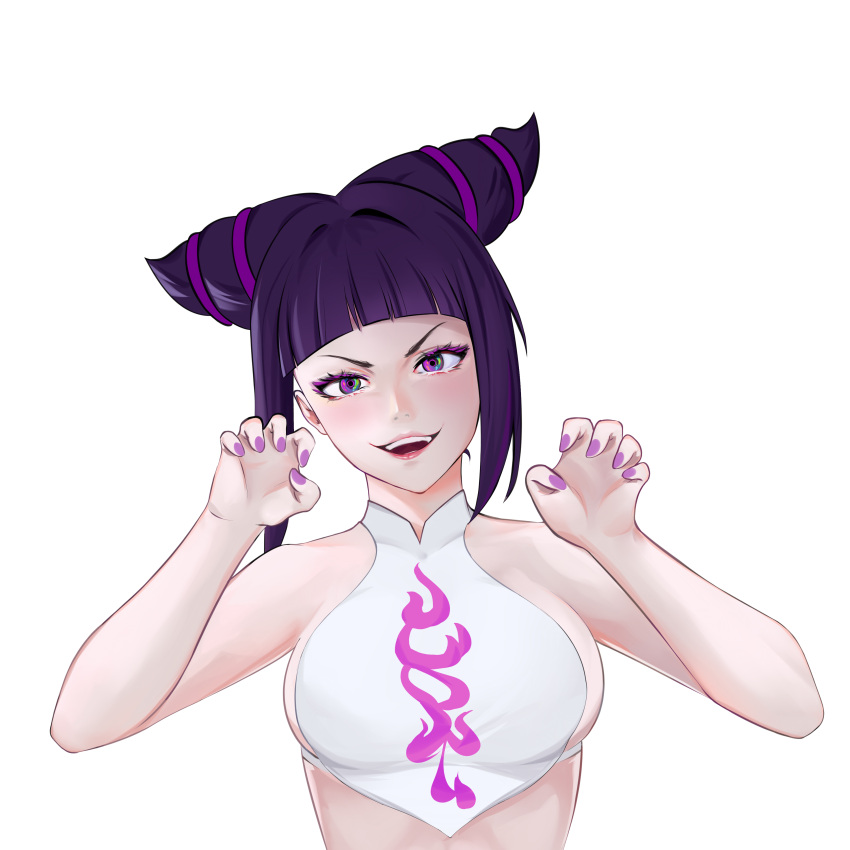 1girl alternate_costume breasts capcom claw_pose eyelashes eyeliner female front_view halterneck han_juri head_tilt large_breasts looking_at_viewer metalbrush nail_polish open_mouth open_smile pink_nails purple_eyes sideboob smile solo street_fighter street_fighter_v upper_body