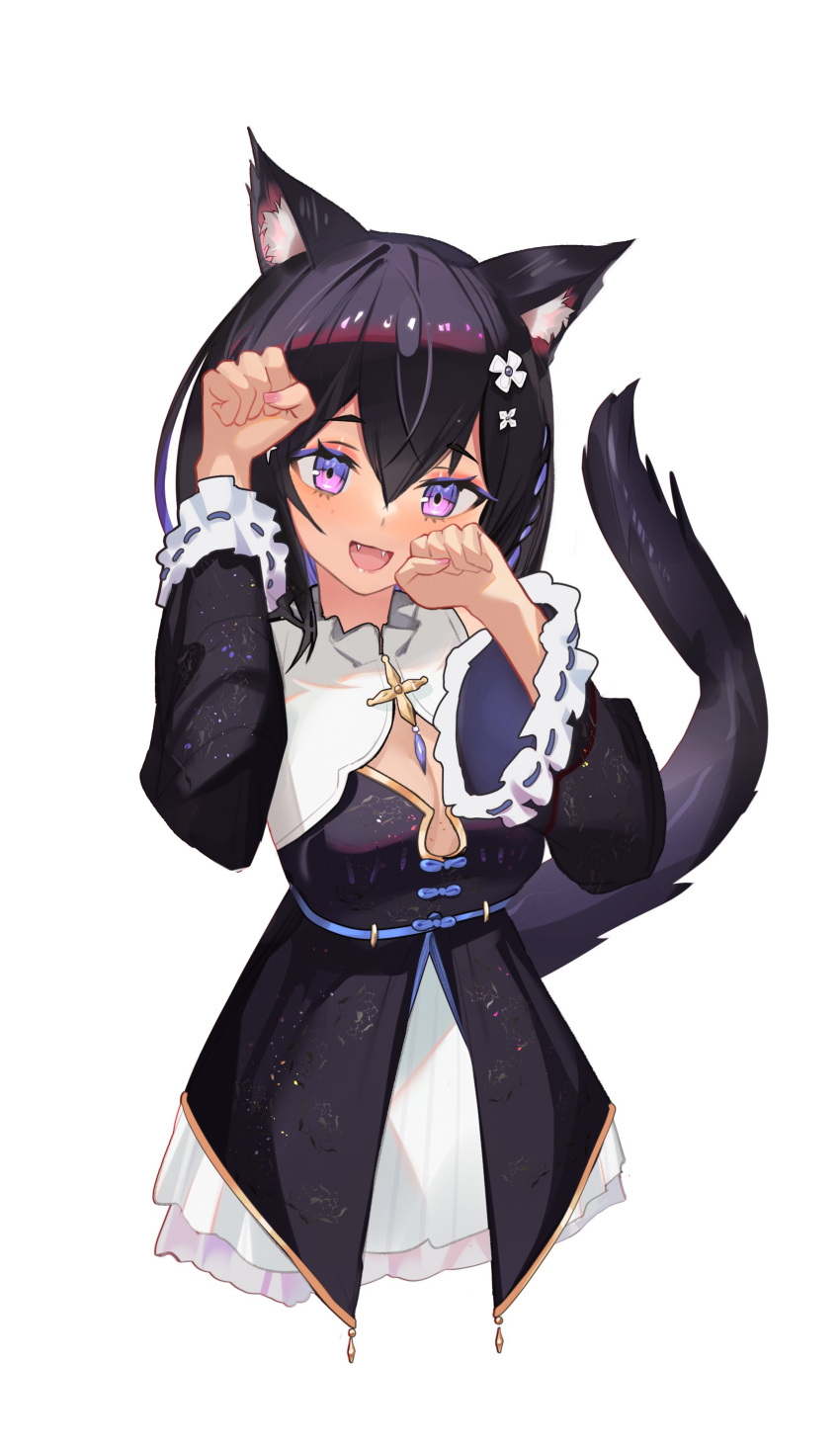 1girl :d absurdres animal_ears bangs bell_sleeves black_dress black_hair black_sleeves black_tail blue_ribbon bob_cut braid breasts cat_ears cat_girl cat_tail cleavage_cutout clothing_cutout clothing_request colored_inner_hair detached_sleeves dress fangs flower furrowed_brow hair_between_eyes hair_flower hair_ornament hair_ribbon hairpin highres hoshina_suzu layered_dress medium_breasts medium_hair multicolored_hair nail_polish open_mouth paw_pose pink_nails ribbon ribbon-trimmed_sleeves ribbon_braid ribbon_trim side_braid simple_background smile solo tail upper_body violet_eyes virtual_youtuber wactor_production white_background white_flower xiami333